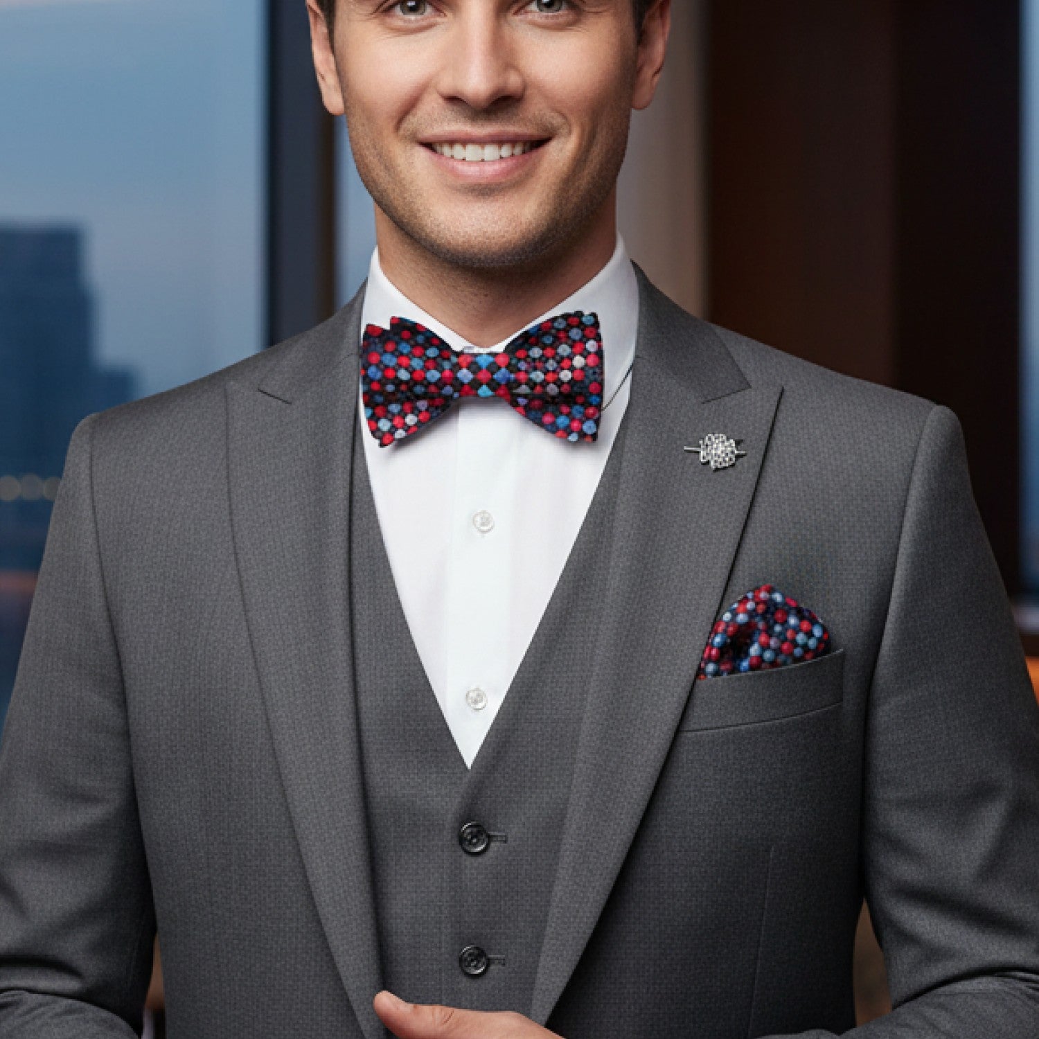 Man wearing a gray suit with a colorful bow tie and pocket square, standing against a blurred indoor background.