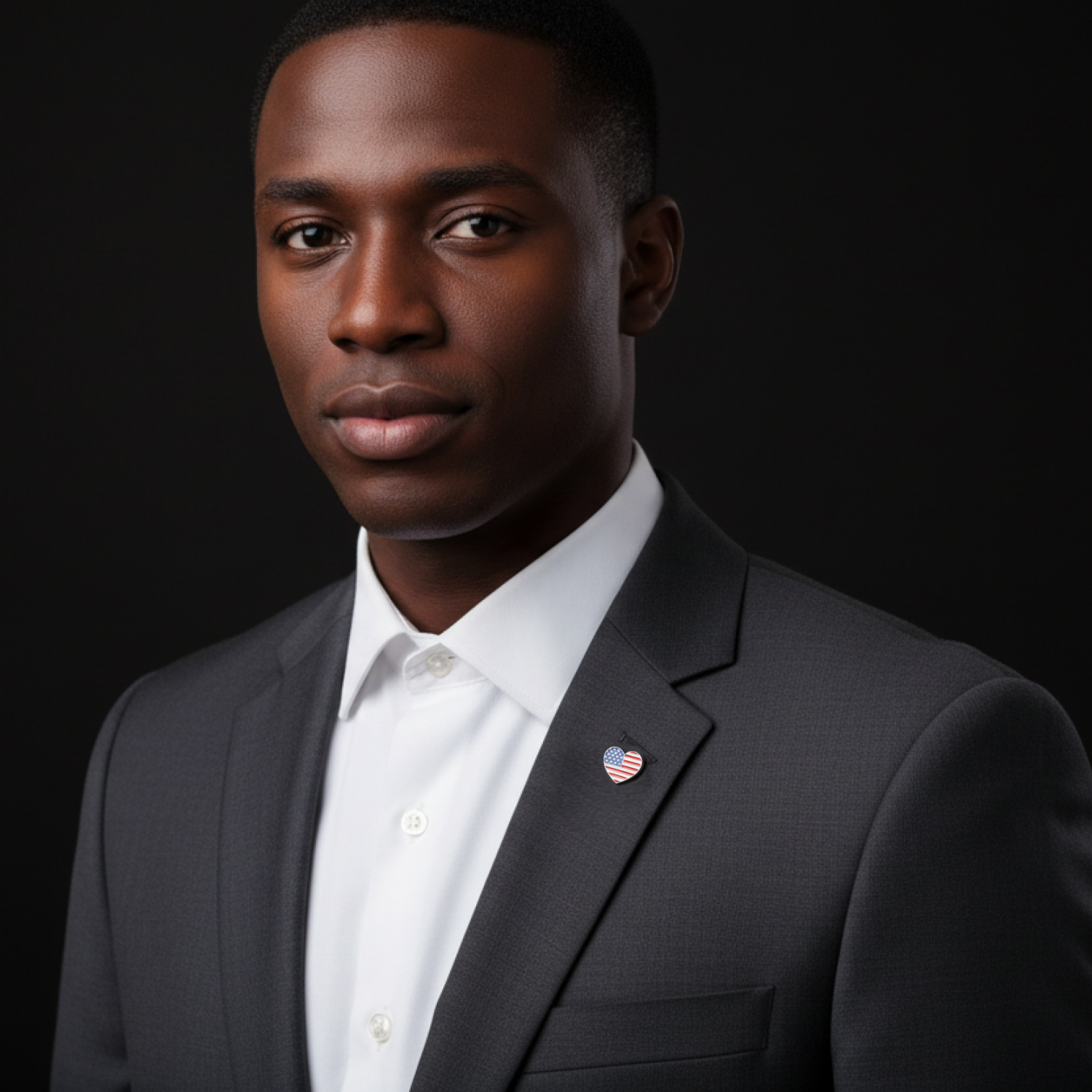 Man wearing a dark suit with a white shirt and a small flag pin on a black background