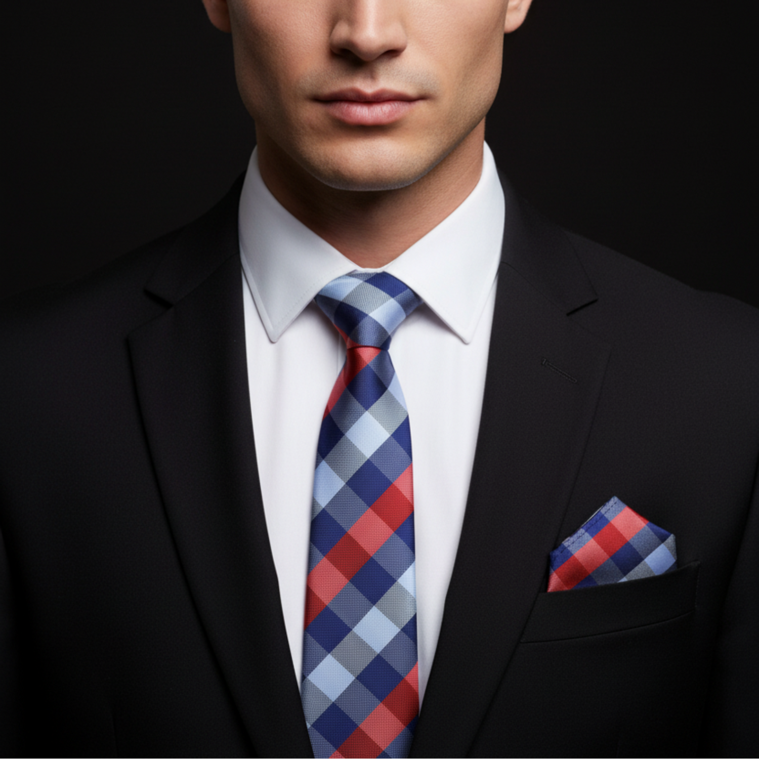 Man wearing a black suit with a blue and red checkered tie and pocket square on a dark background