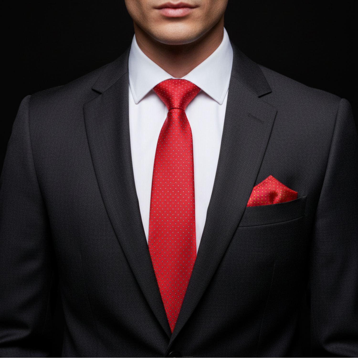 Man wearing a black suit with a red tie and pocket square on a dark background