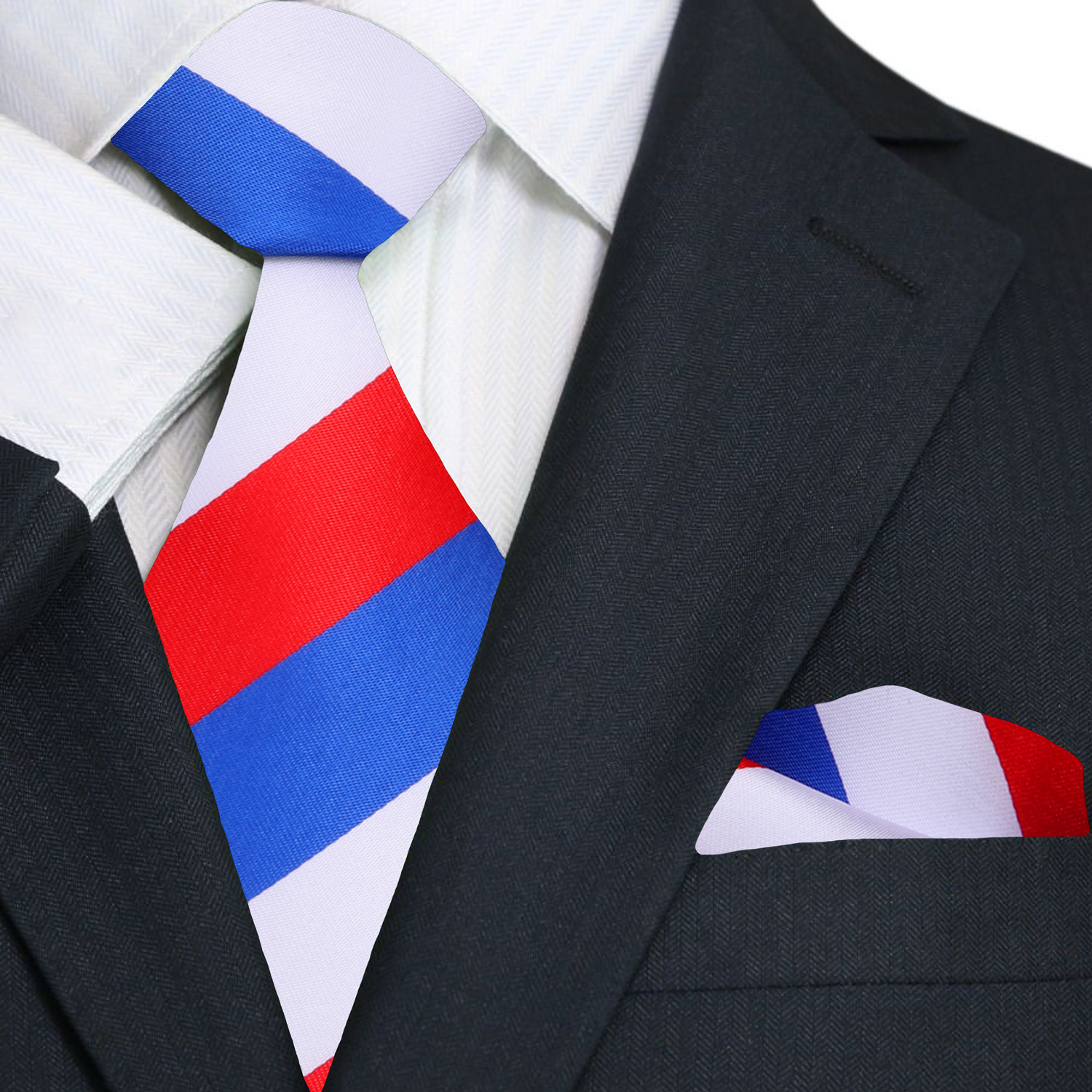Black suit with a red, white, and blue striped tie and matching pocket square.
