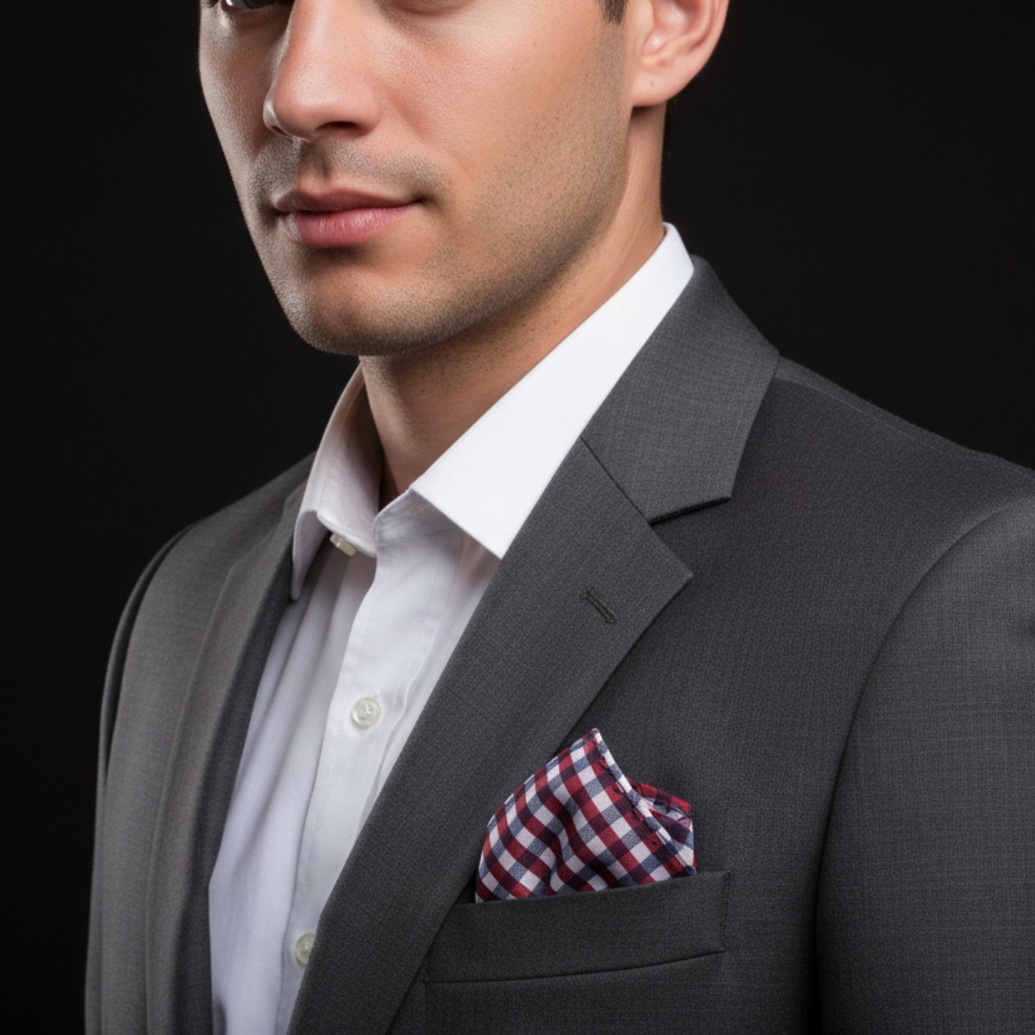 Man wearing a gray suit with a white shirt and red checkered pocket square on a black background