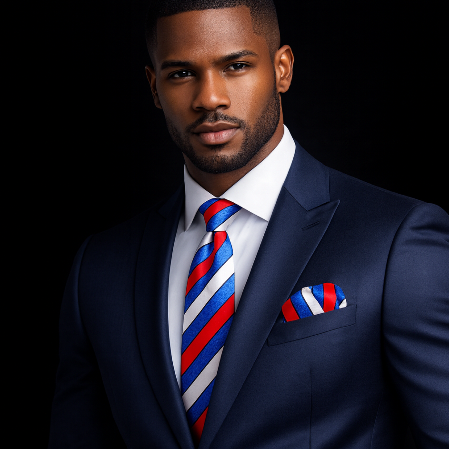Red White Blue Stripe Necktie and Square on Man with nice suit
