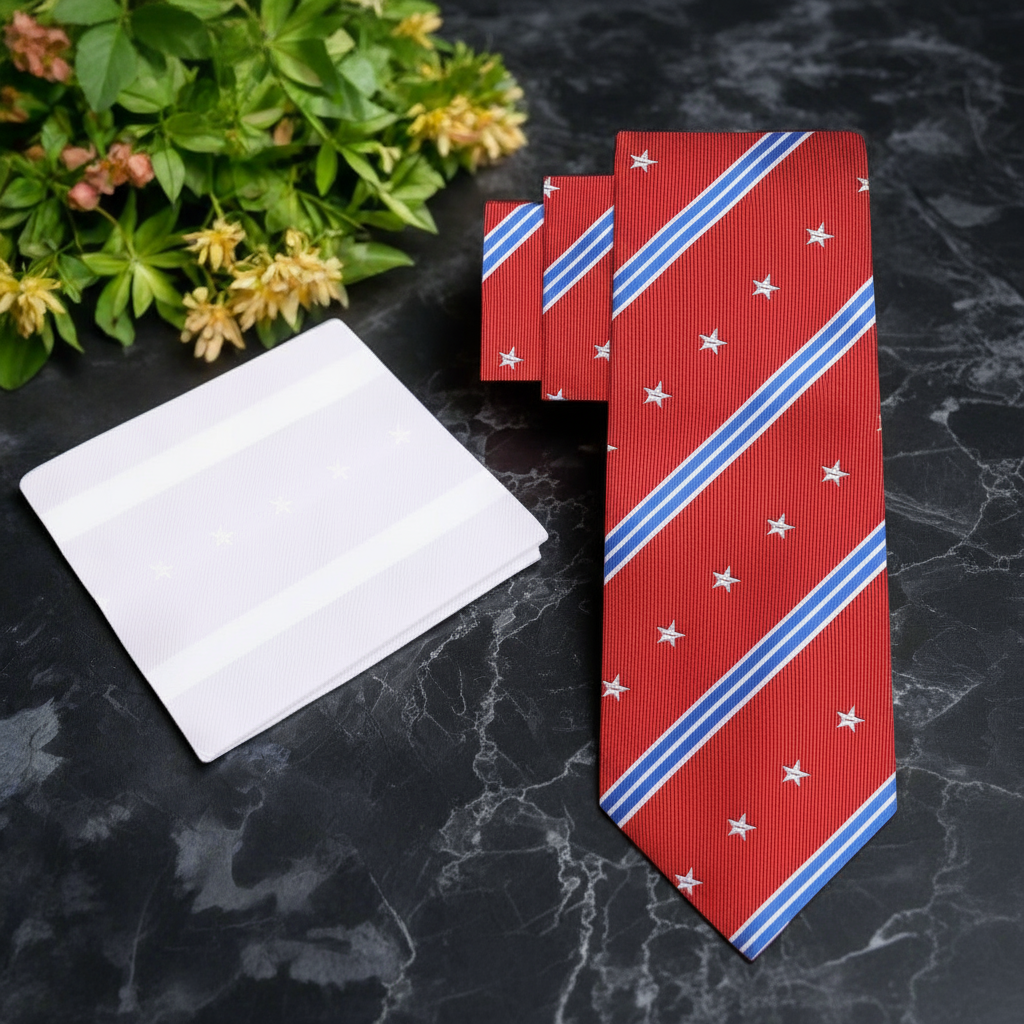 alt: Red, White and Blue Stars and Stripes Tie and White Square