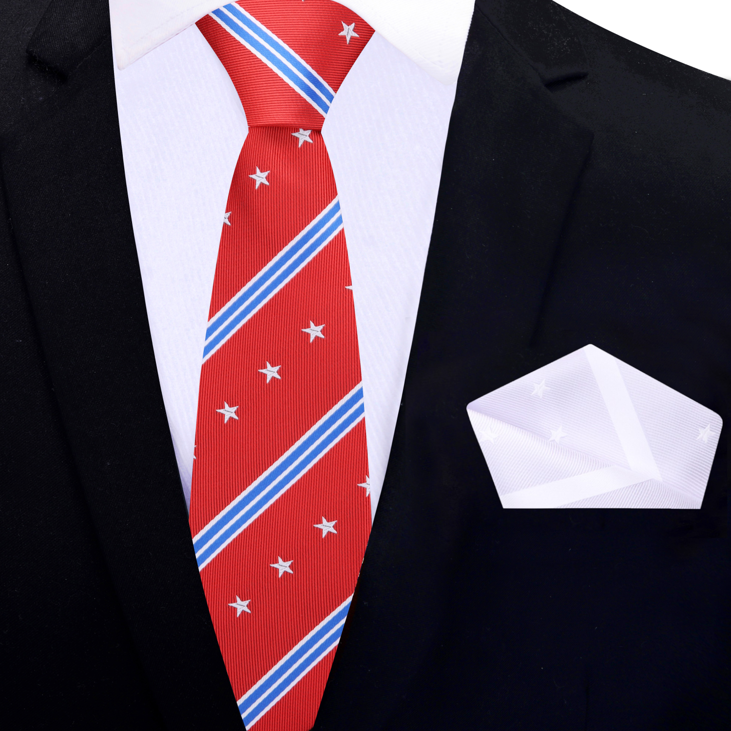 Thin: Red White Blue Stars and Stripes Necktie and White Square