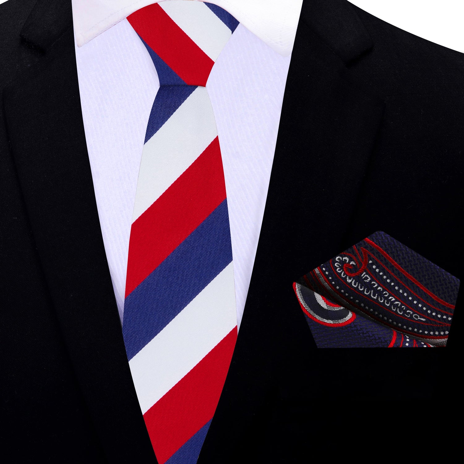 Thin Tie: Deep Blue, Red, White Block Stripe Necktie and Deep Blue, Red and White Paisley Square