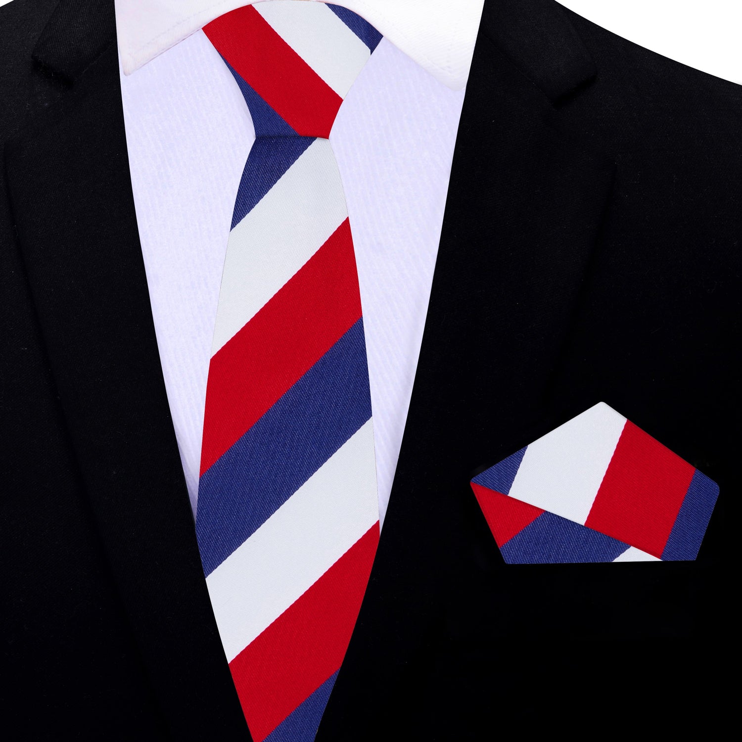 Thin Tie: Deep Blue, Red, White Block Stripe Necktie and Matching Square