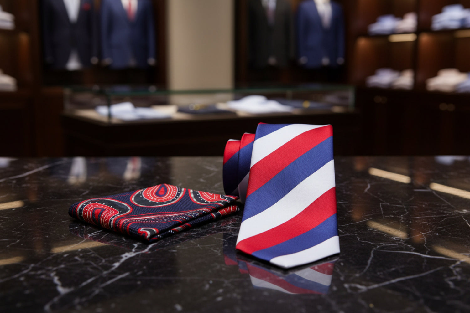 Alt View: Deep Blue, Red, White Block Stripe Necktie and Deep Blue, Red and White Paisley Square