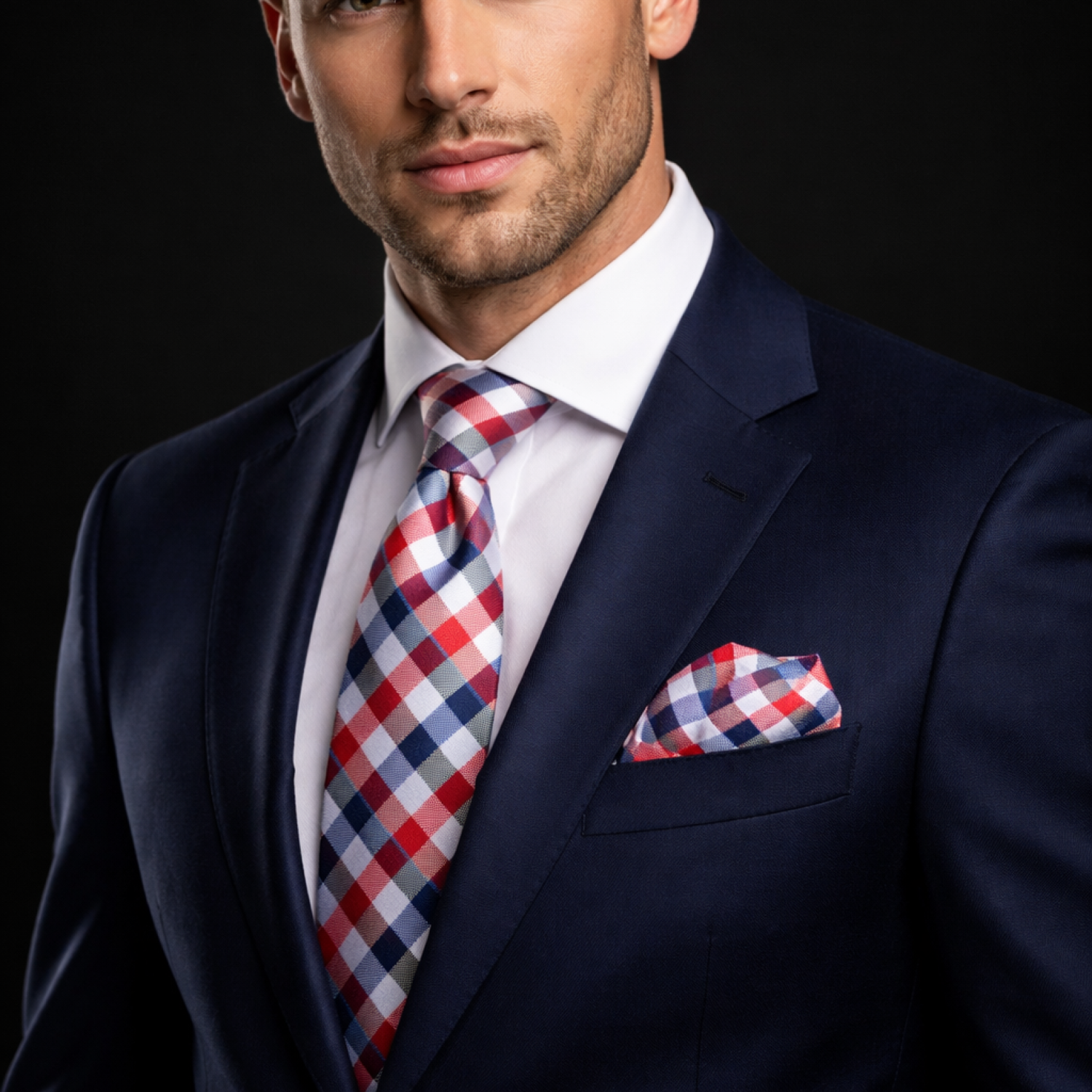 Man wearing a navy suit with a red, white, and blue checkered tie and pocket square on a black background