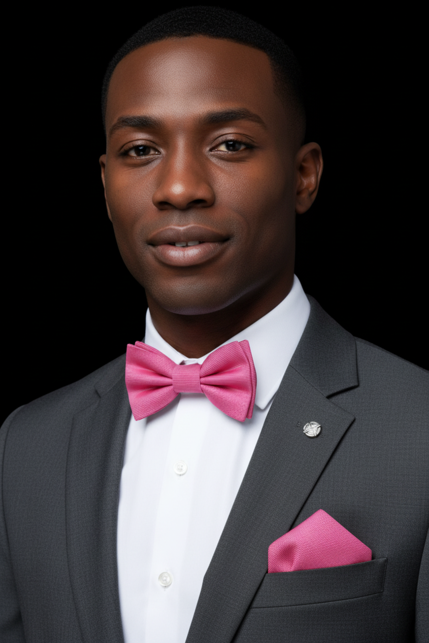 Man wearing a black suit with a pink bow tie and pocket square on a black background