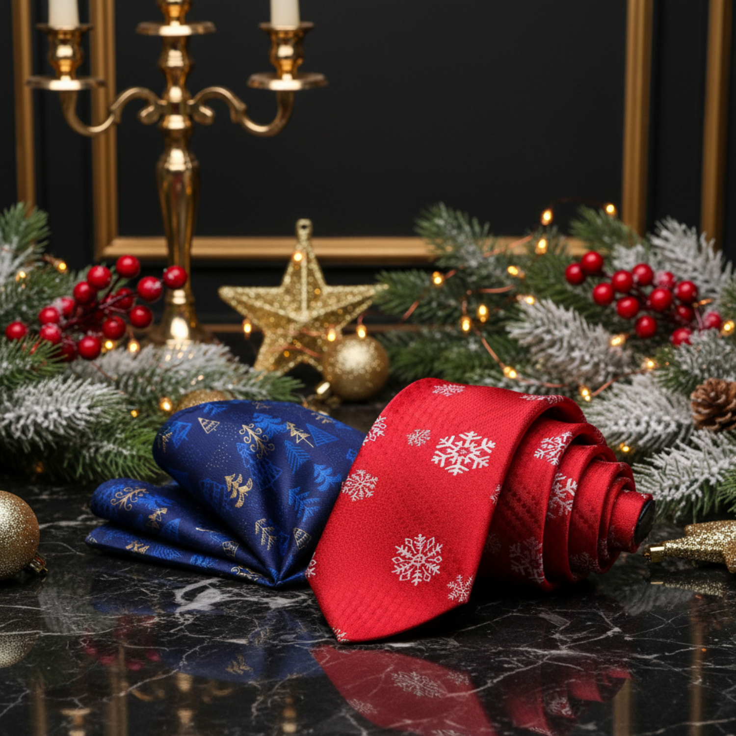 Red, Light Grey Plaid with Snowflake Tie and Accenting Pocket Square