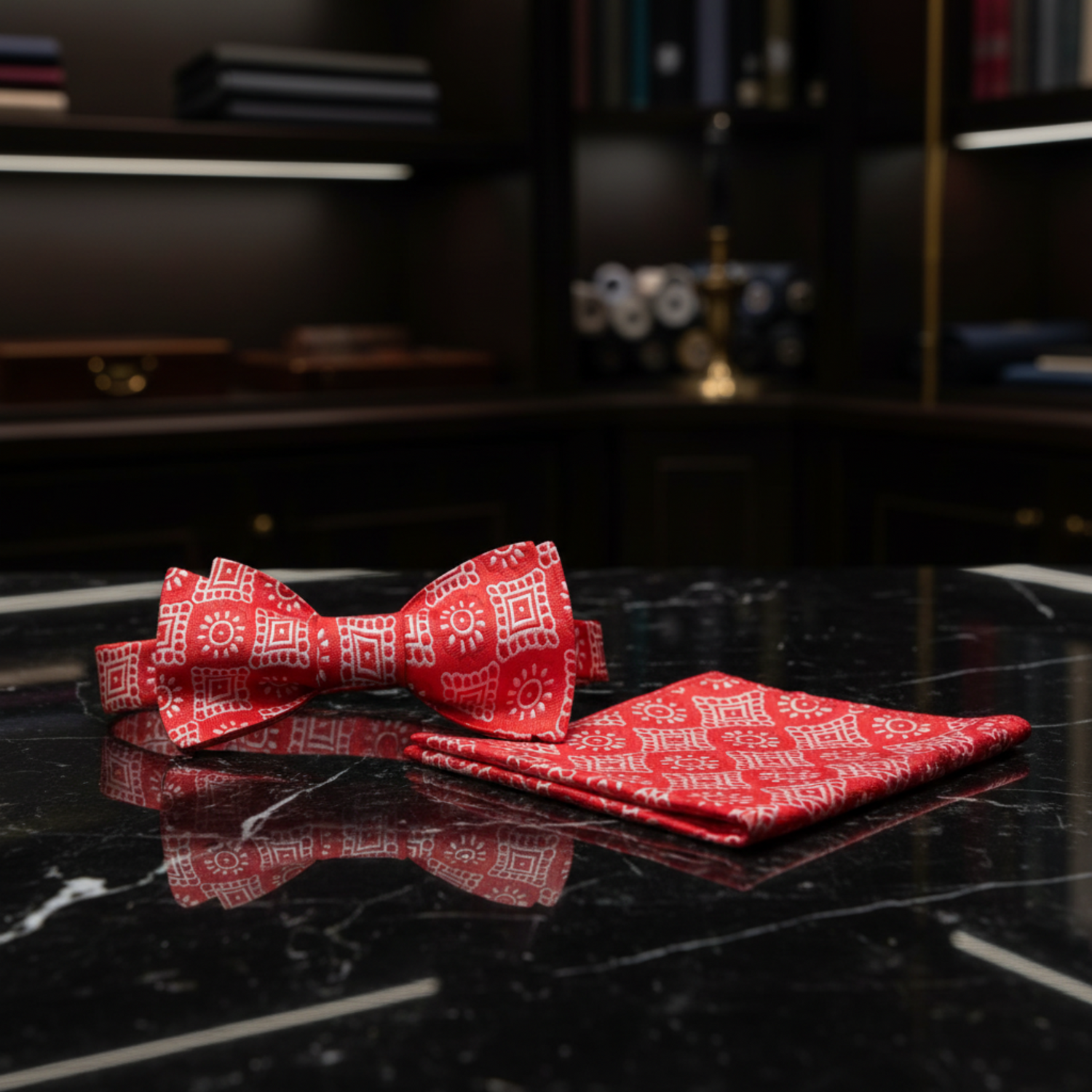 A Red, White Abstract Sun and Shapes Self Tie Bow Tie, Matching Pocket Square