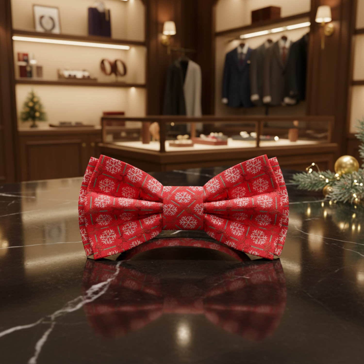 Red White Green Brown Snowflakes and Reindeer Bow Tie Pre Tied