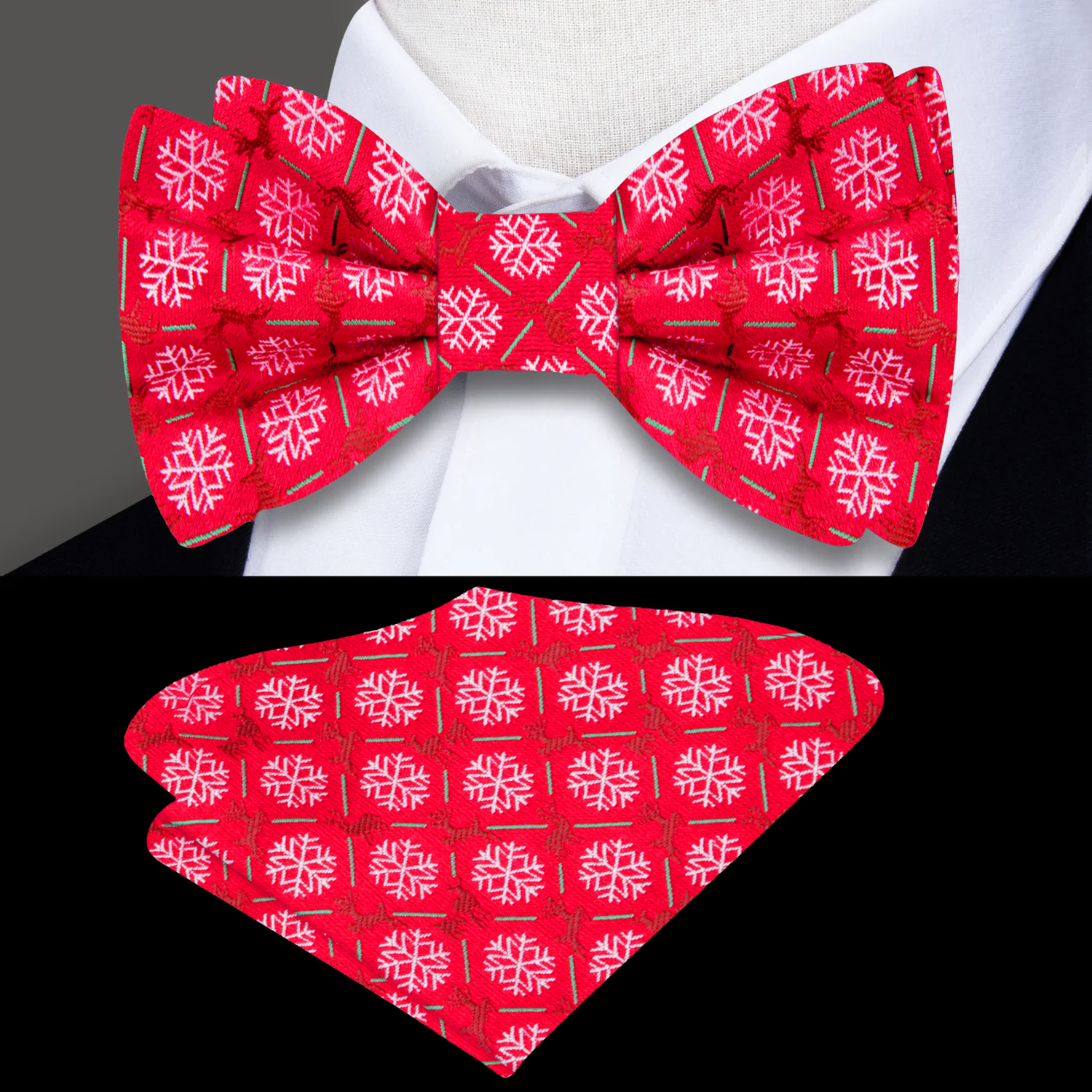 Red White Green Brown Snowflakes and Reindeer Bow Tie and Square