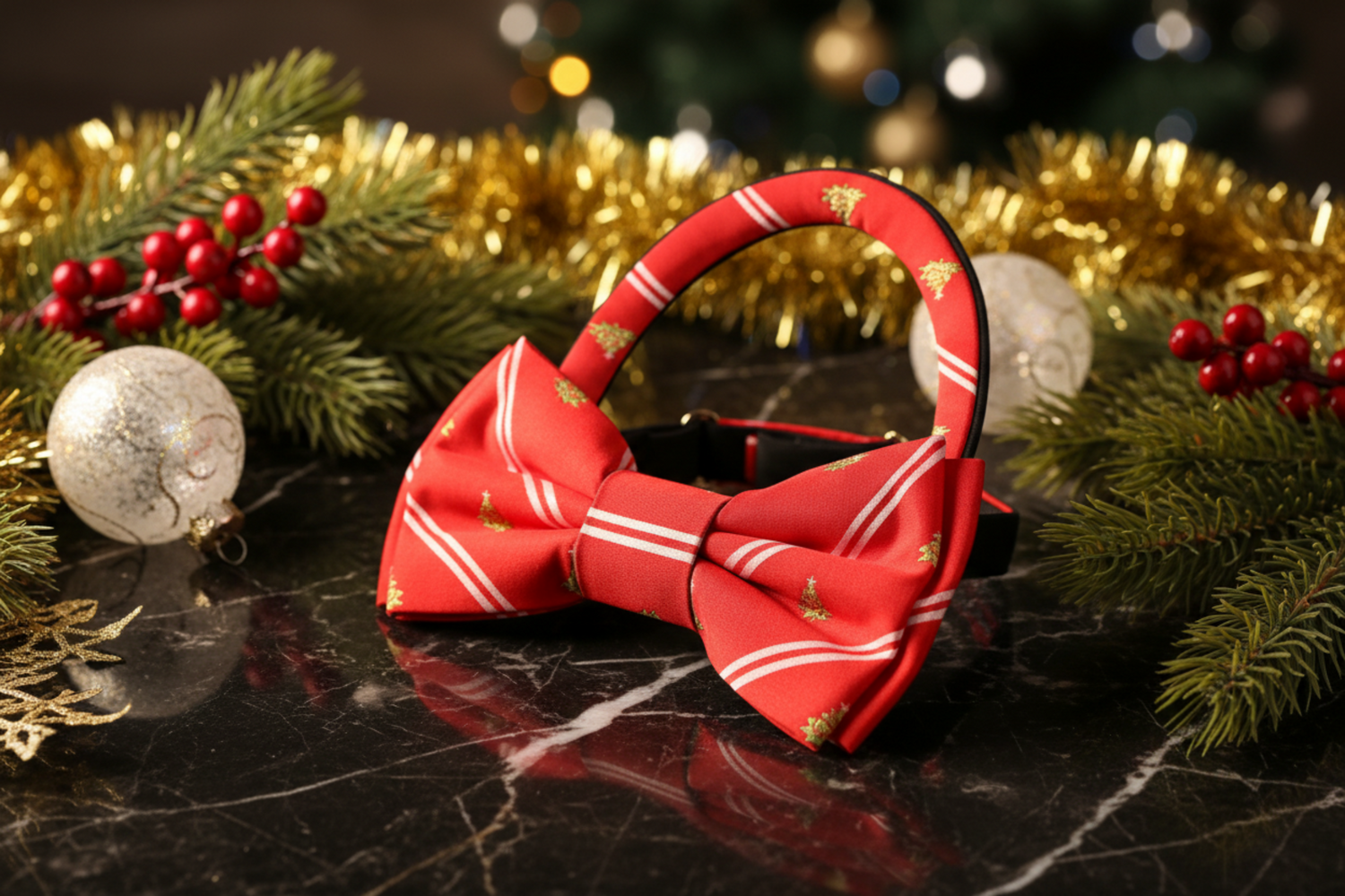 Red, White Stripe Christmas Tree Bow Tie Pre Tied