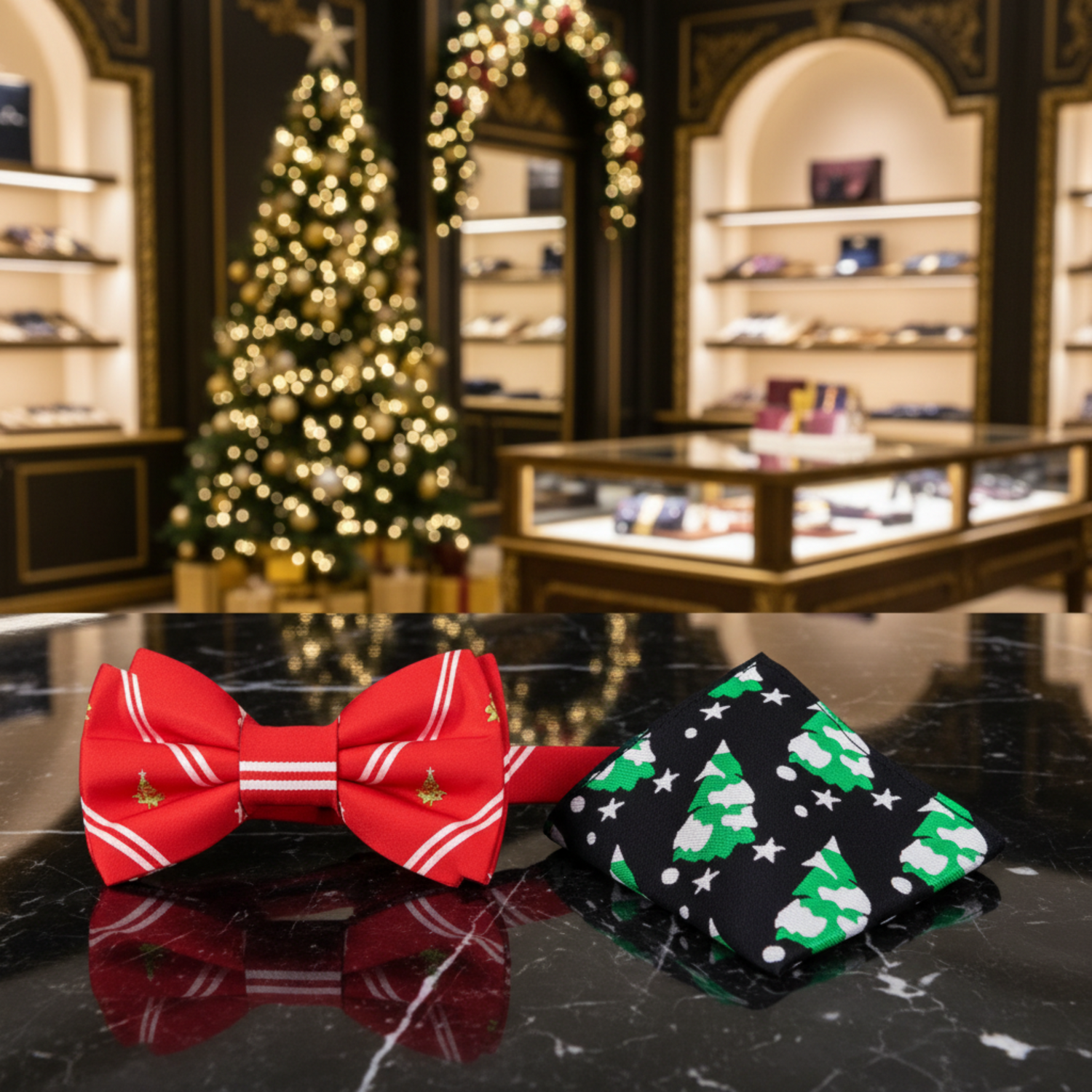 Red, White Stripe Christmas Tree Bow Tie and Accenting Pocket Square