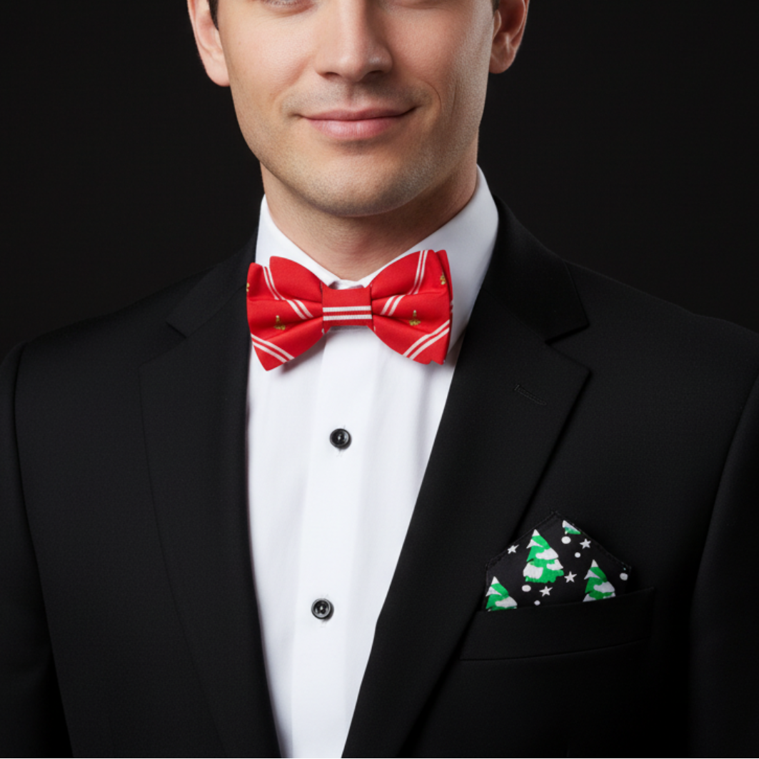 Christmas Tree Bow Tie | Red with White Stripes & Holiday Trees