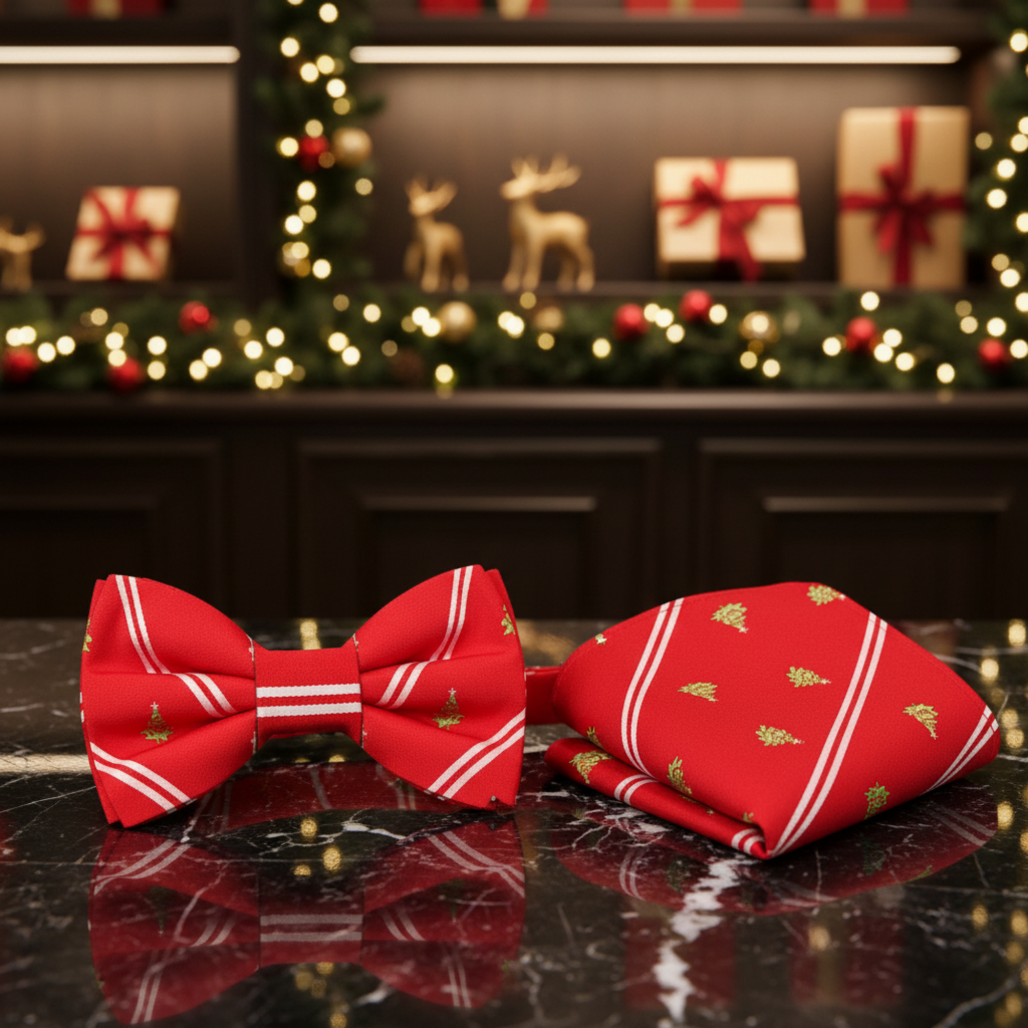 Red, White Stripe Christmas Tree Bow Tie and Pocket Square