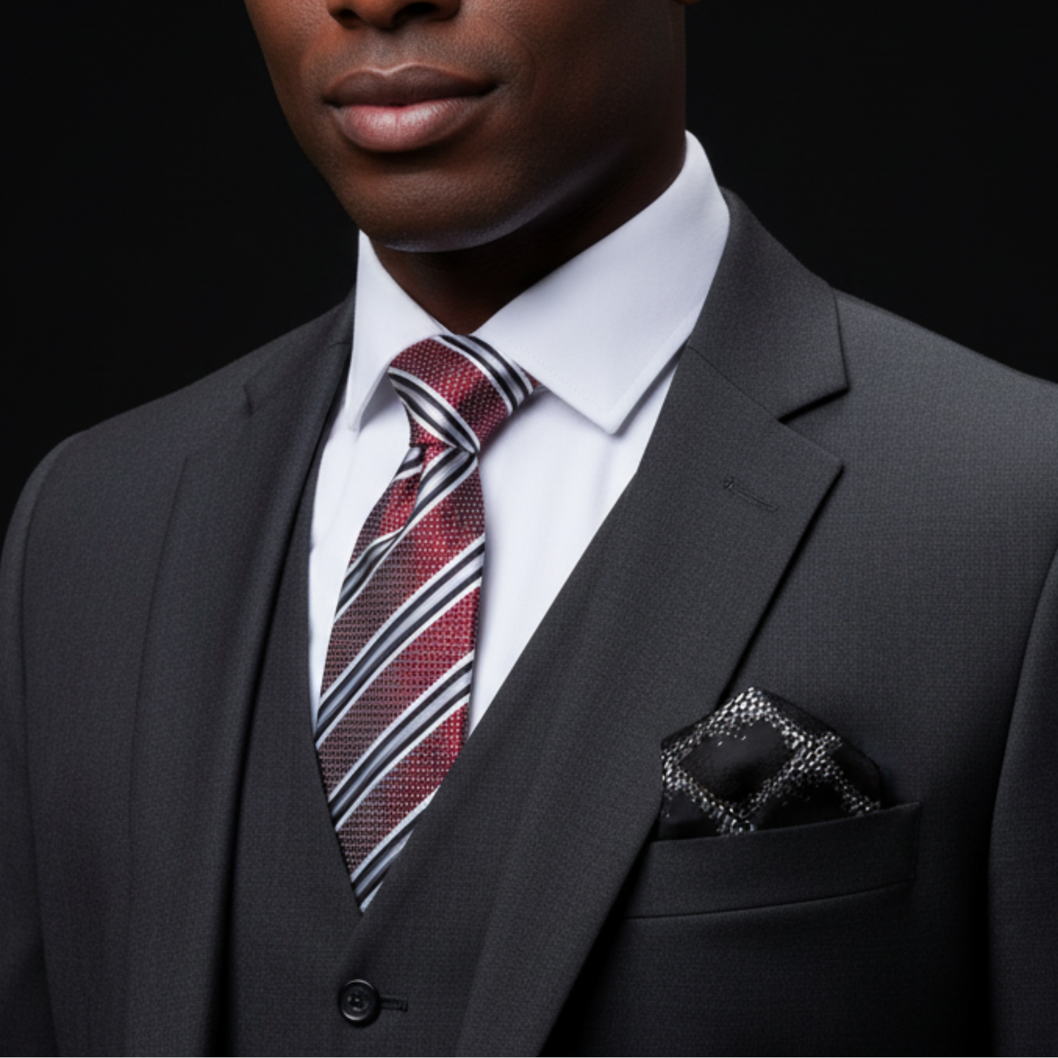 Man wearing a gray suit with a red and white striped tie against a black background