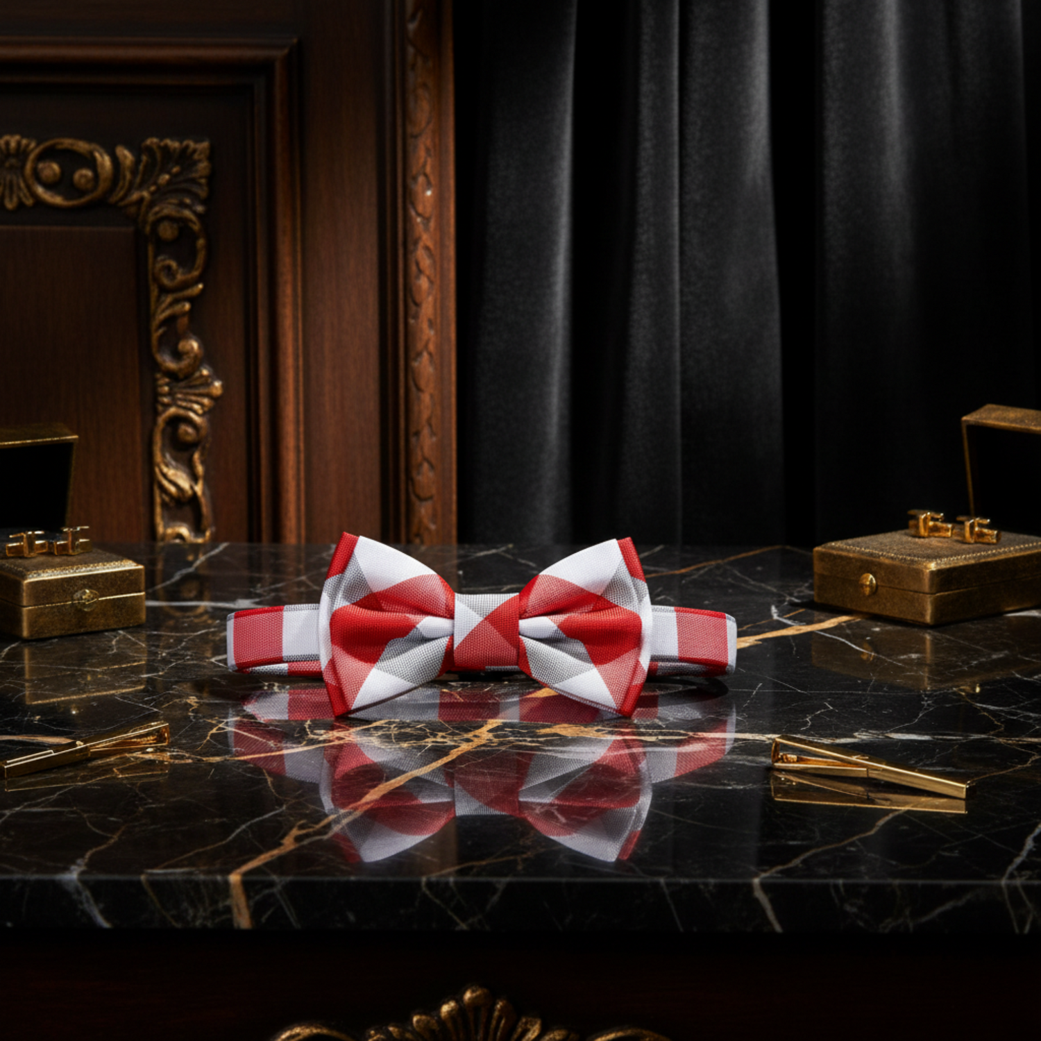 Red and white checkered bow tie on a white background