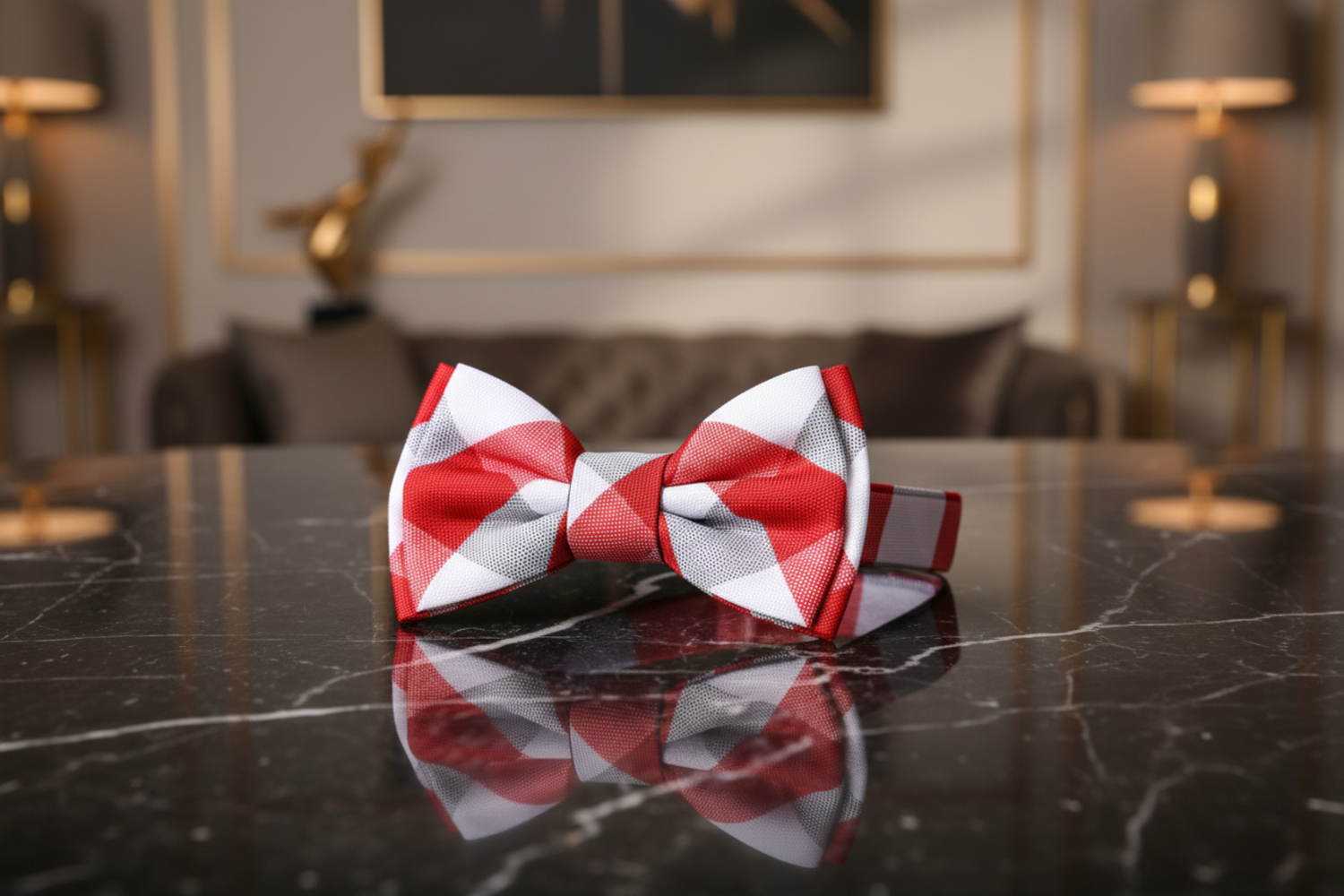 Pre Tied Red, White Plaid Bow Tie  