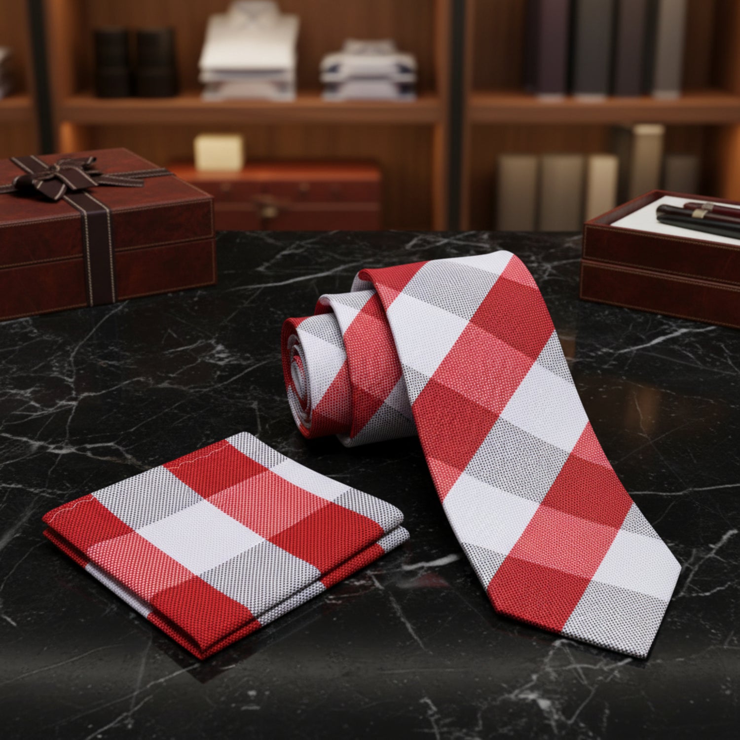 Man in a suit with a red and white checkered tie on a black background