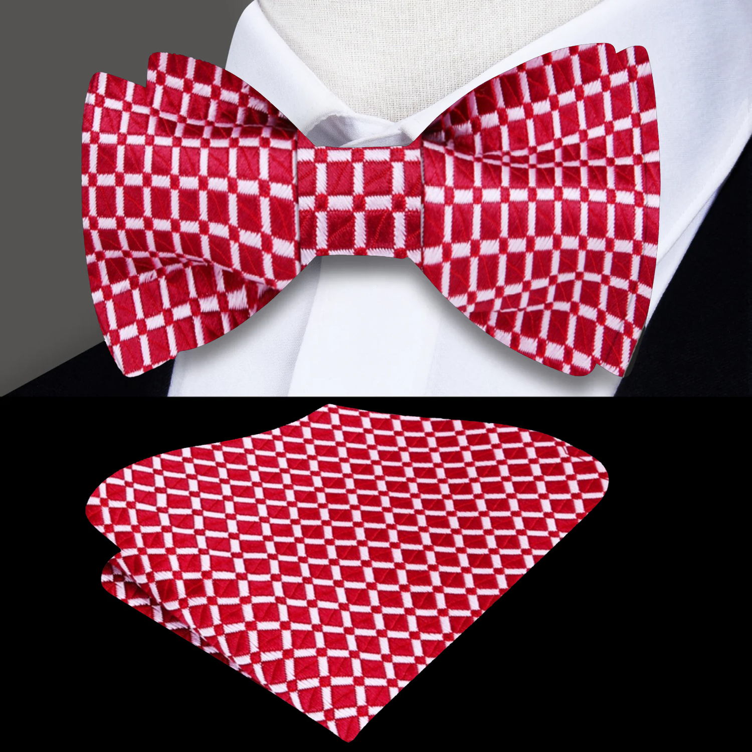 A Red, White Small Geometric Check Pattern Bow Tie, Matching Pocket Square
