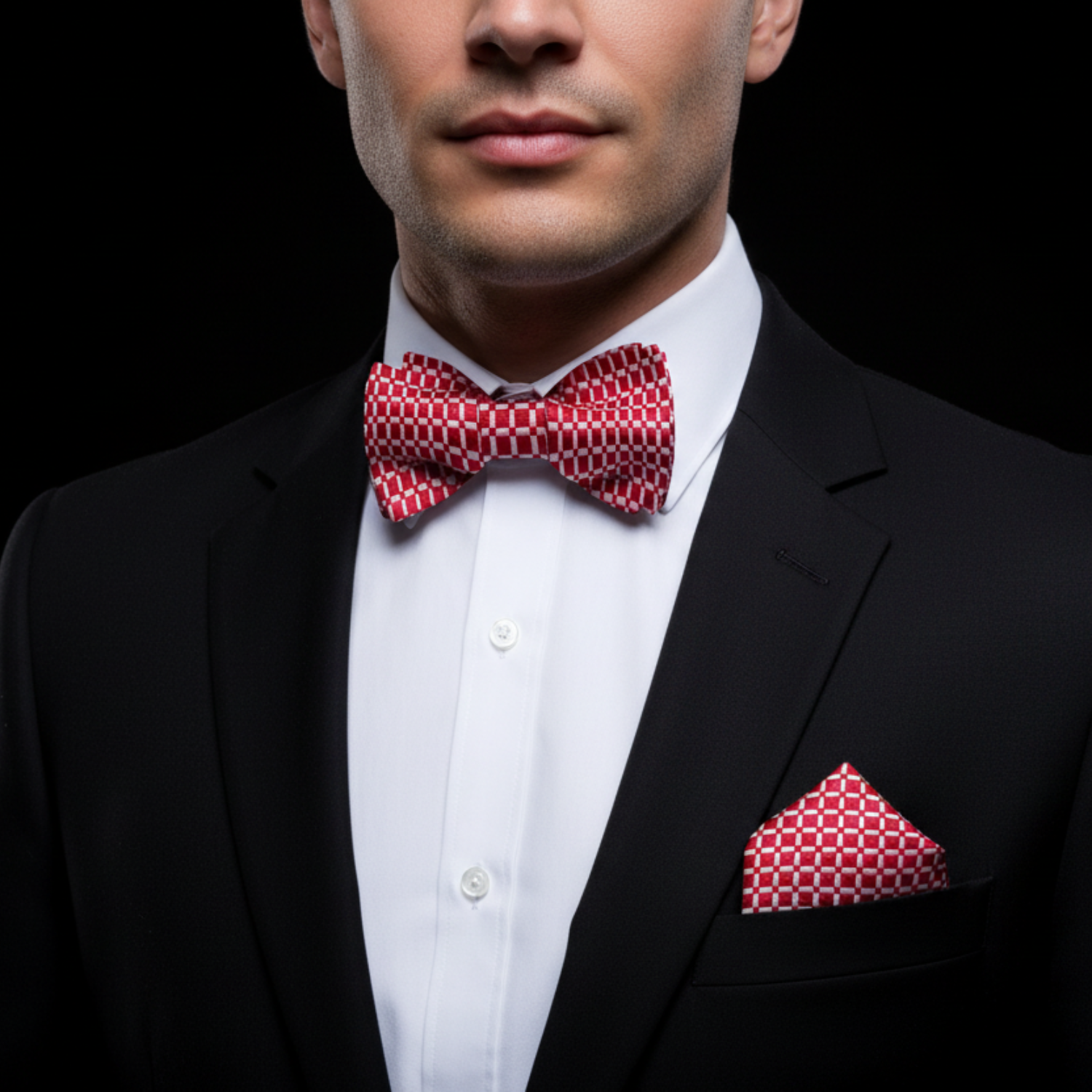 Man wearing a black suit with a red patterned bow tie and pocket square on a black background