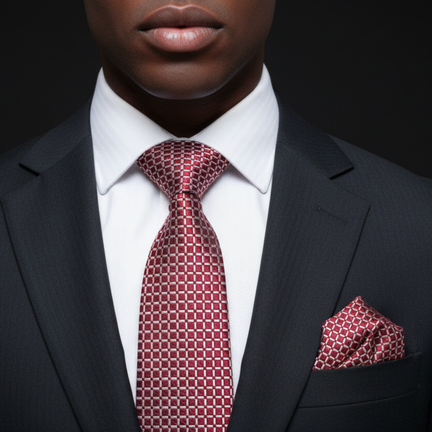 Main: A Red, White Small Geometric Check Pattern Necktie, Matching Pocket Square