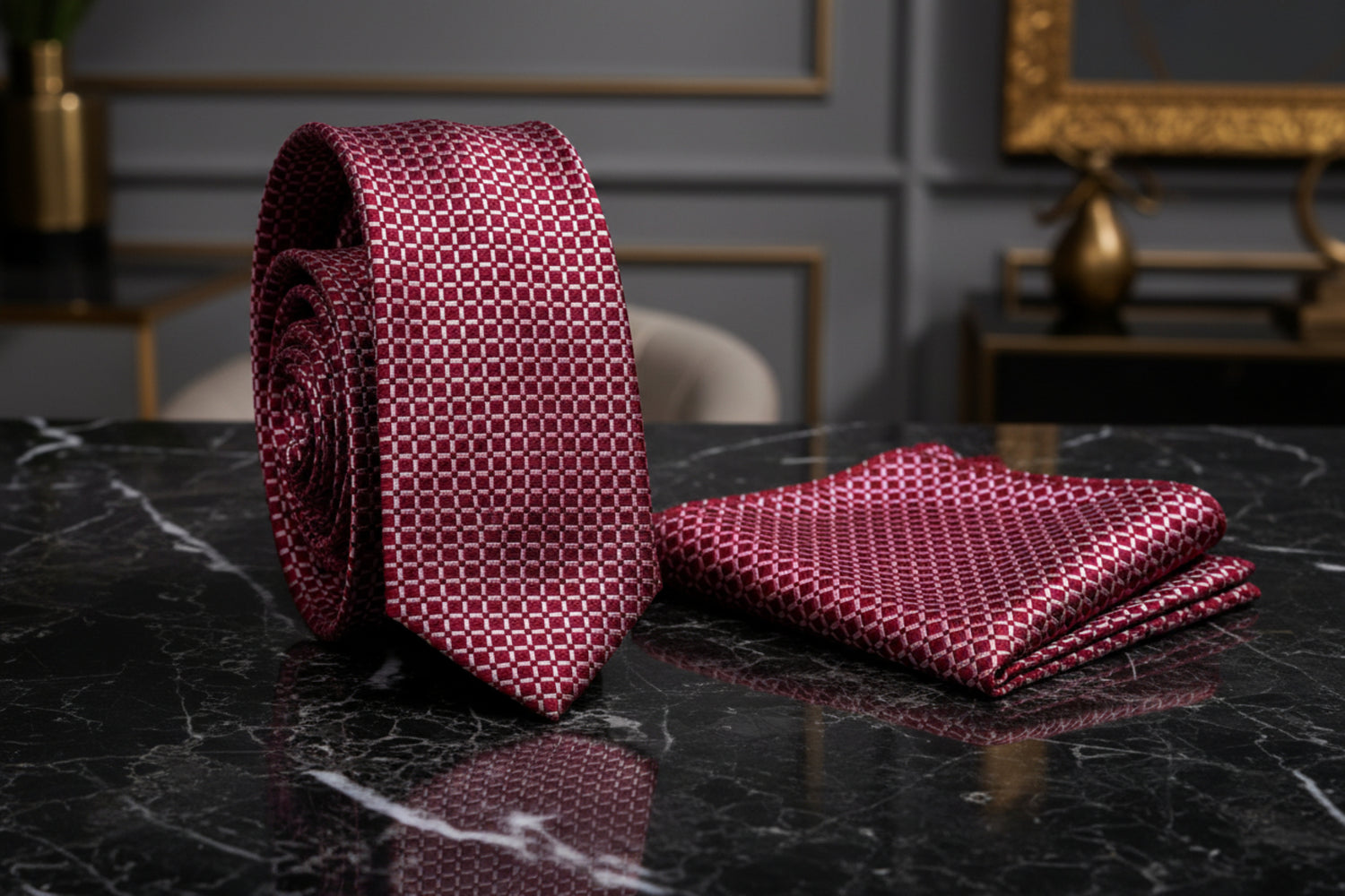 Red patterned tie and pocket square set 