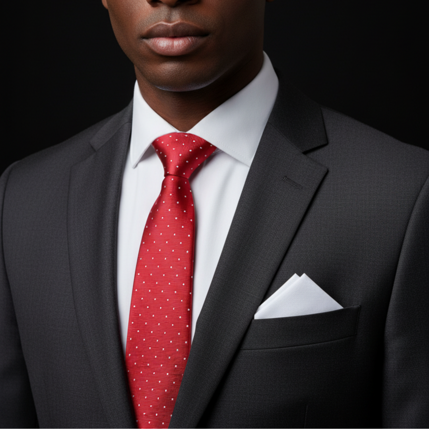 Man wearing a gray suit with a red tie and white pocket square on a black background