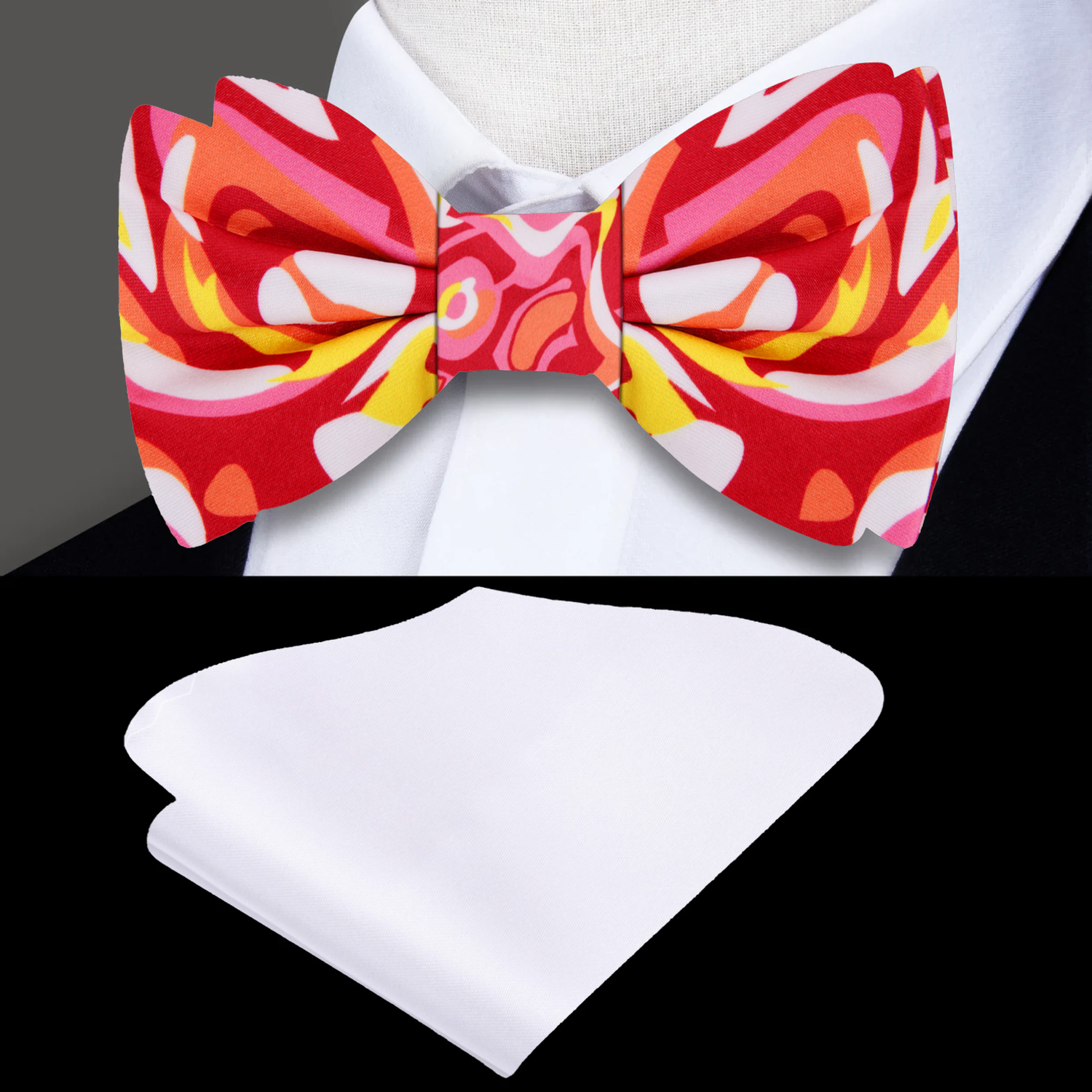 A Red, Yellow, White, Pink, Orange Abstract Bow Tie and White Pocket Square