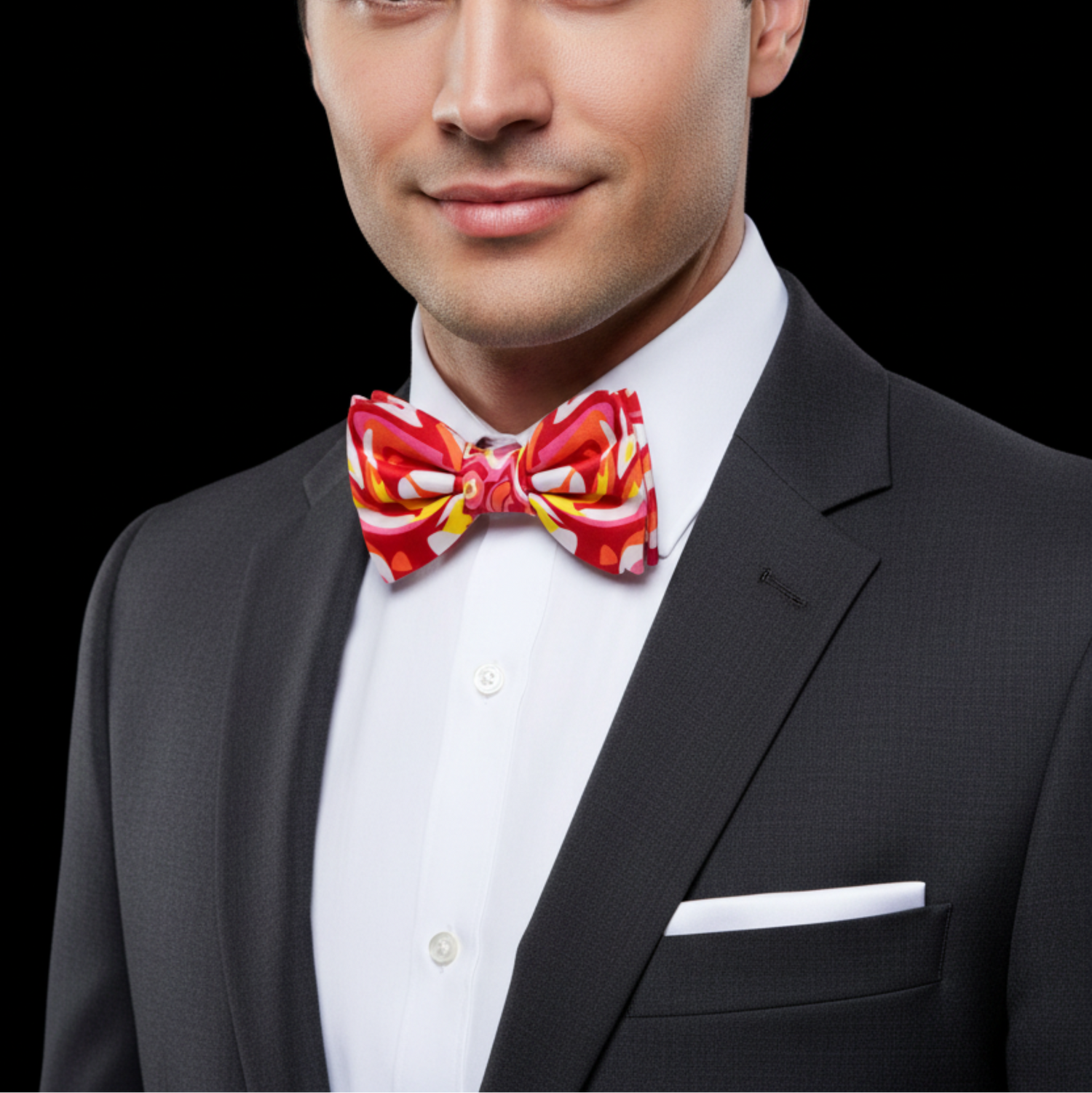 Man wearing a black suit with a white shirt and a red patterned bow tie on a black background