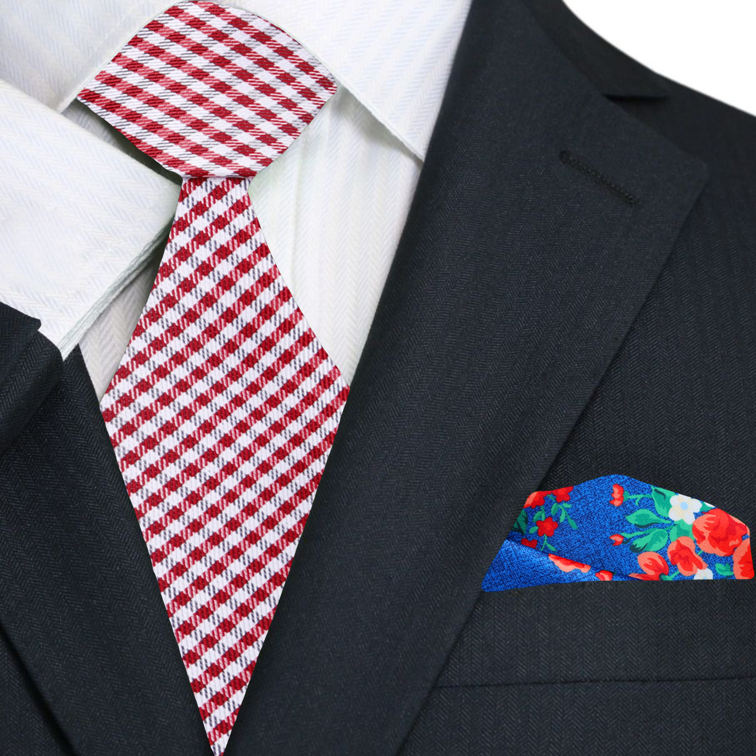 Red Check Necktie and Dark Blue, Red Floral Square