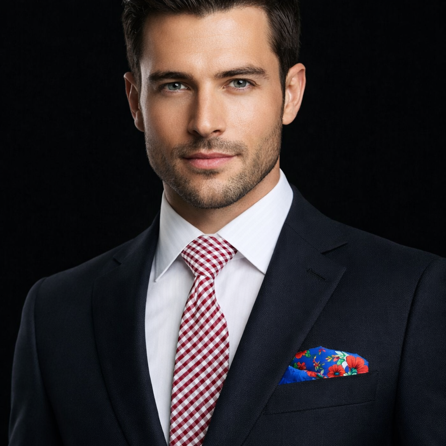 Man wearing a dark suit with a red checkered tie and colorful pocket square on a black background