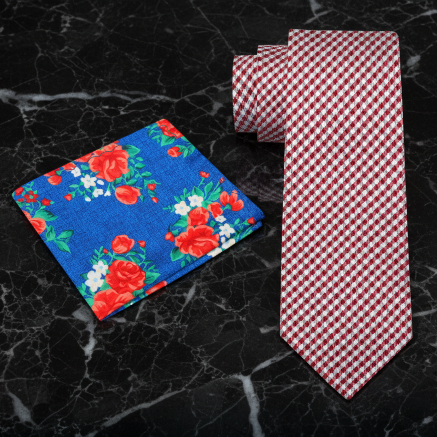 Alt Red Check Necktie and Dark Blue, Red Floral Square