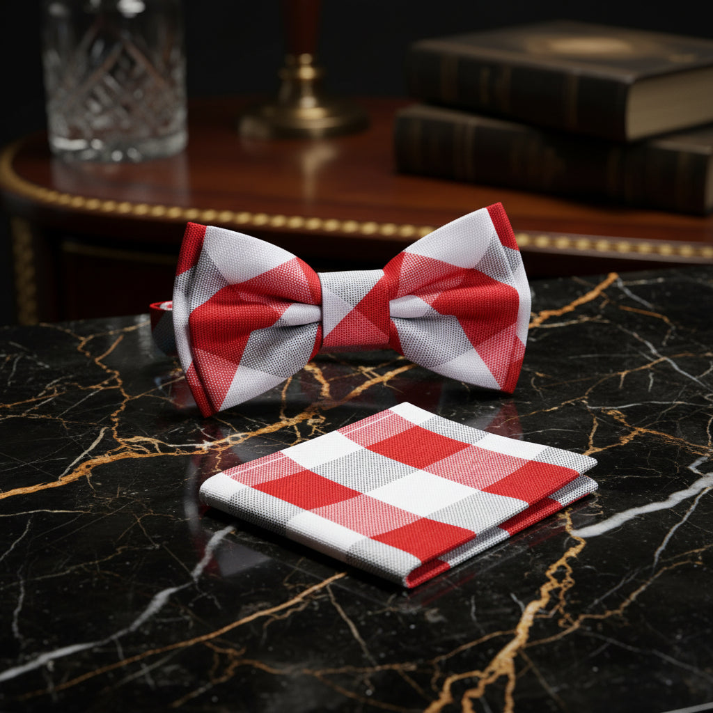 A matching men's formal accessory set featuring a pre-tied bow tie and a folded pocket square, both in a red and white gingham check pattern with a subtle textured weave.