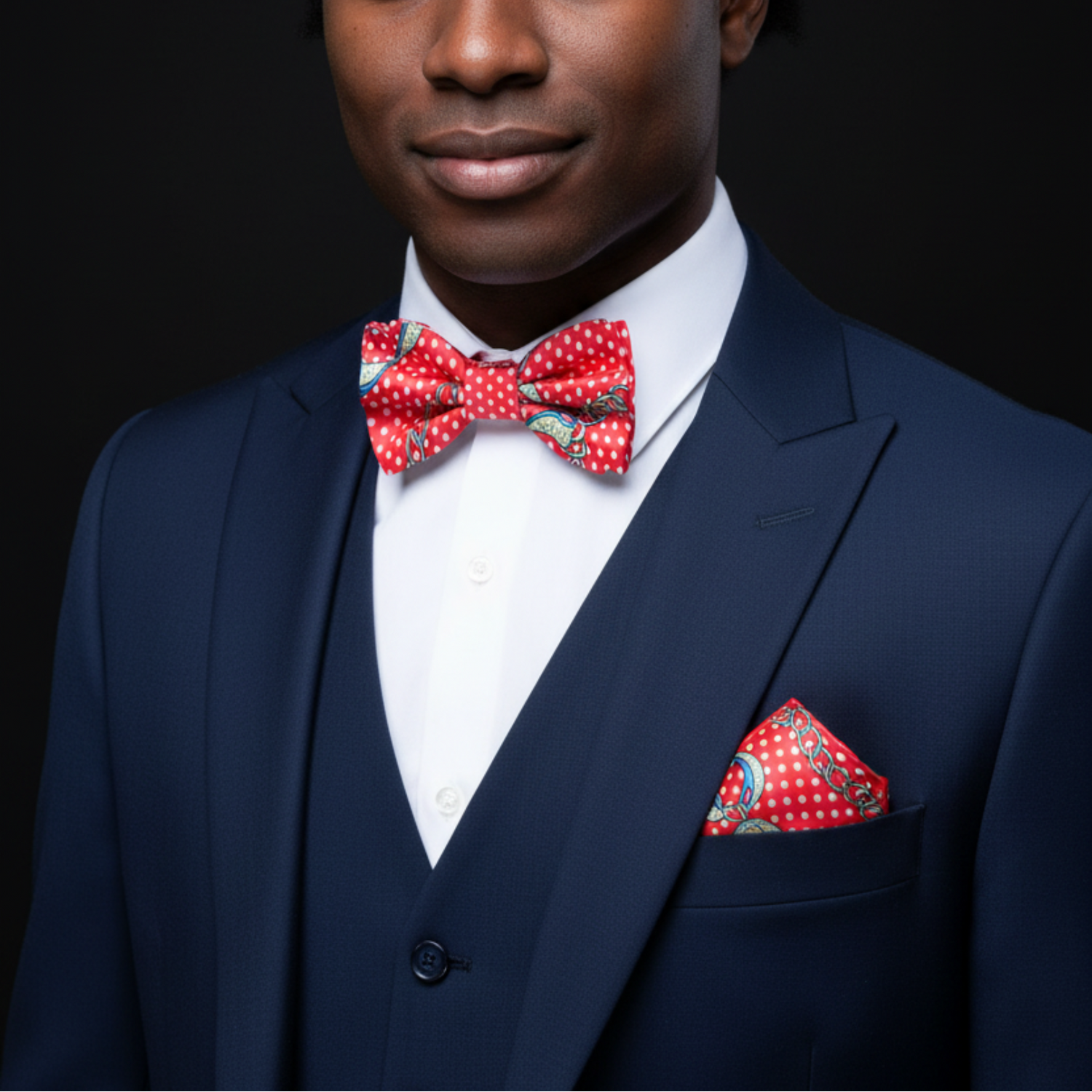 Man wearing a navy suit with a red polka dot bow tie and pocket square on a black background