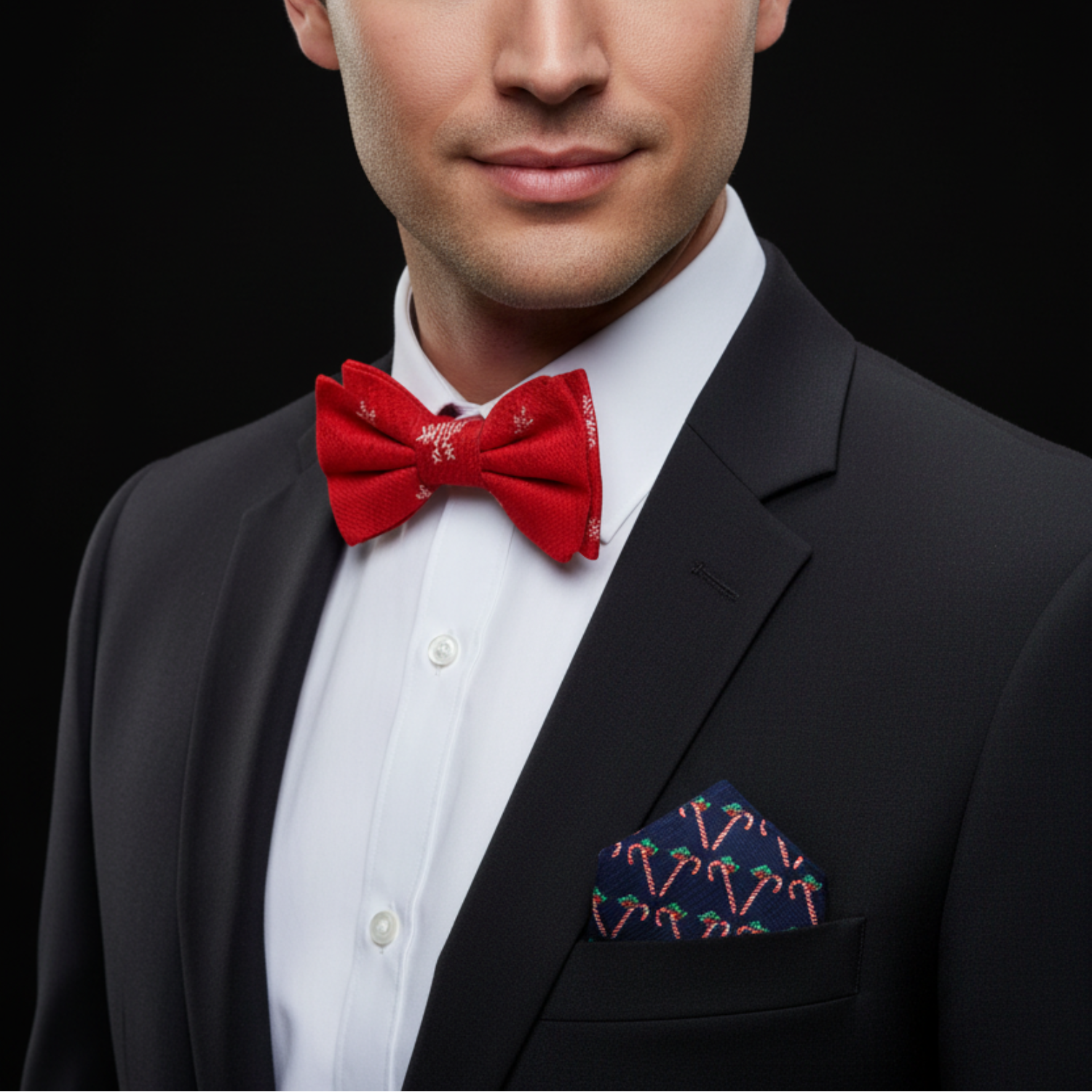 Red white snowflakes bow tie and accenting square on man