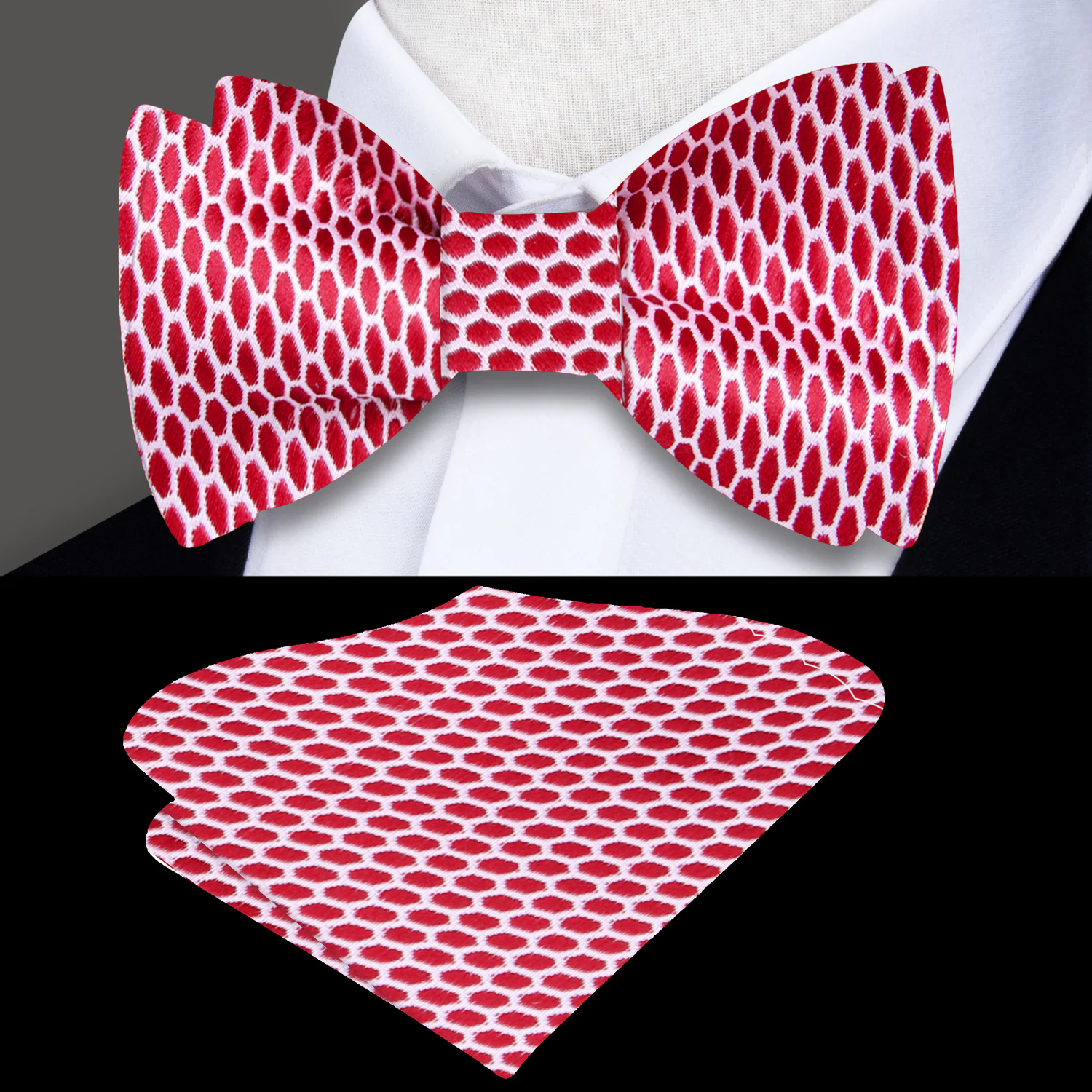 Main View: Red, White Geometric Bow Tie and Pocket Square