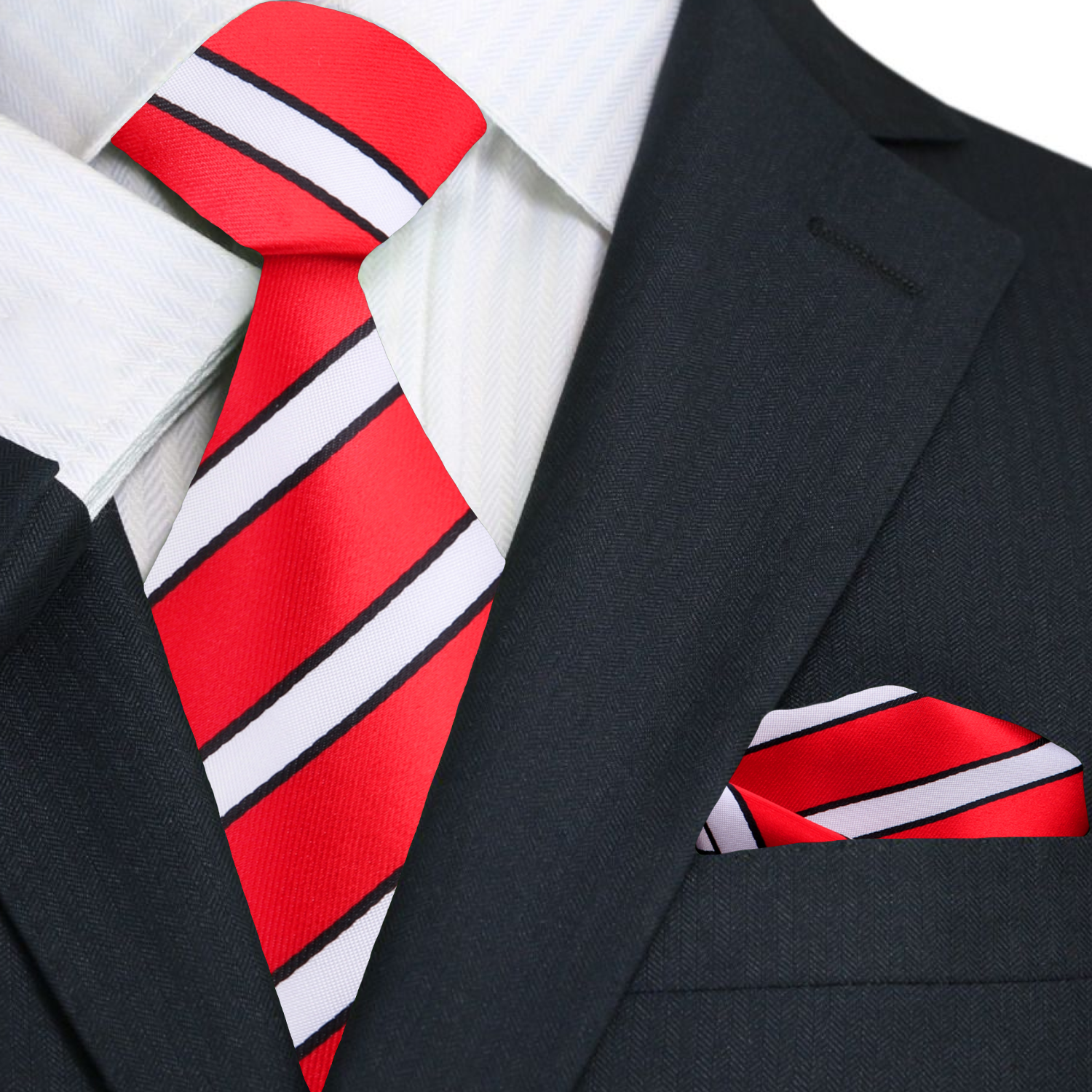 A Red, Black, White Stripe Pattern Necktie, Pocket Square
