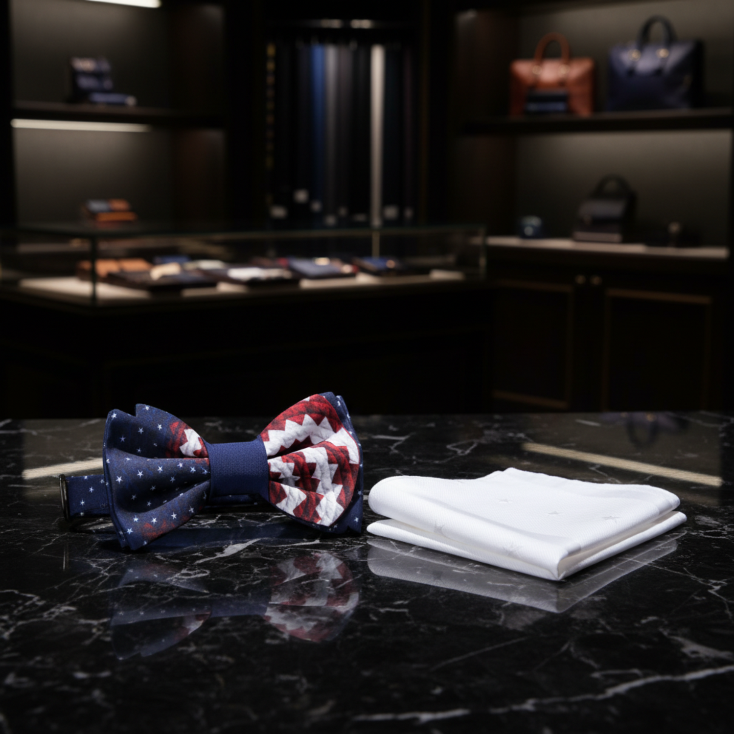 Bow tie with American flag pattern and white pocket square on a mannequin.