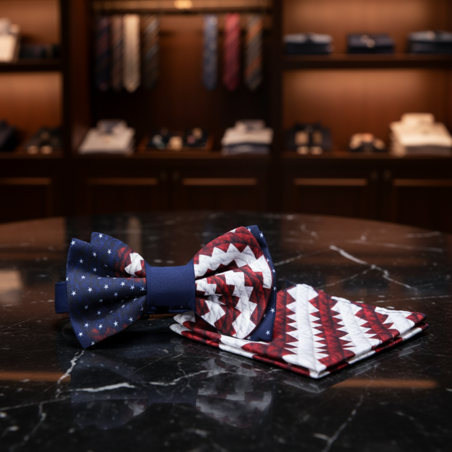 Main view: Red, White, Blue American Flag Swirl Bow Tie and Square