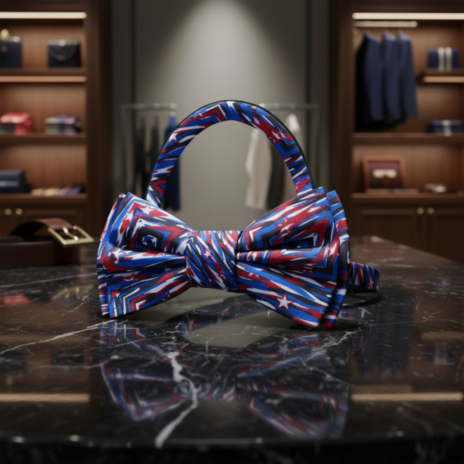 Blue, Red, Black White Abstract Shapes and Stars Bow Tie Pre Tied