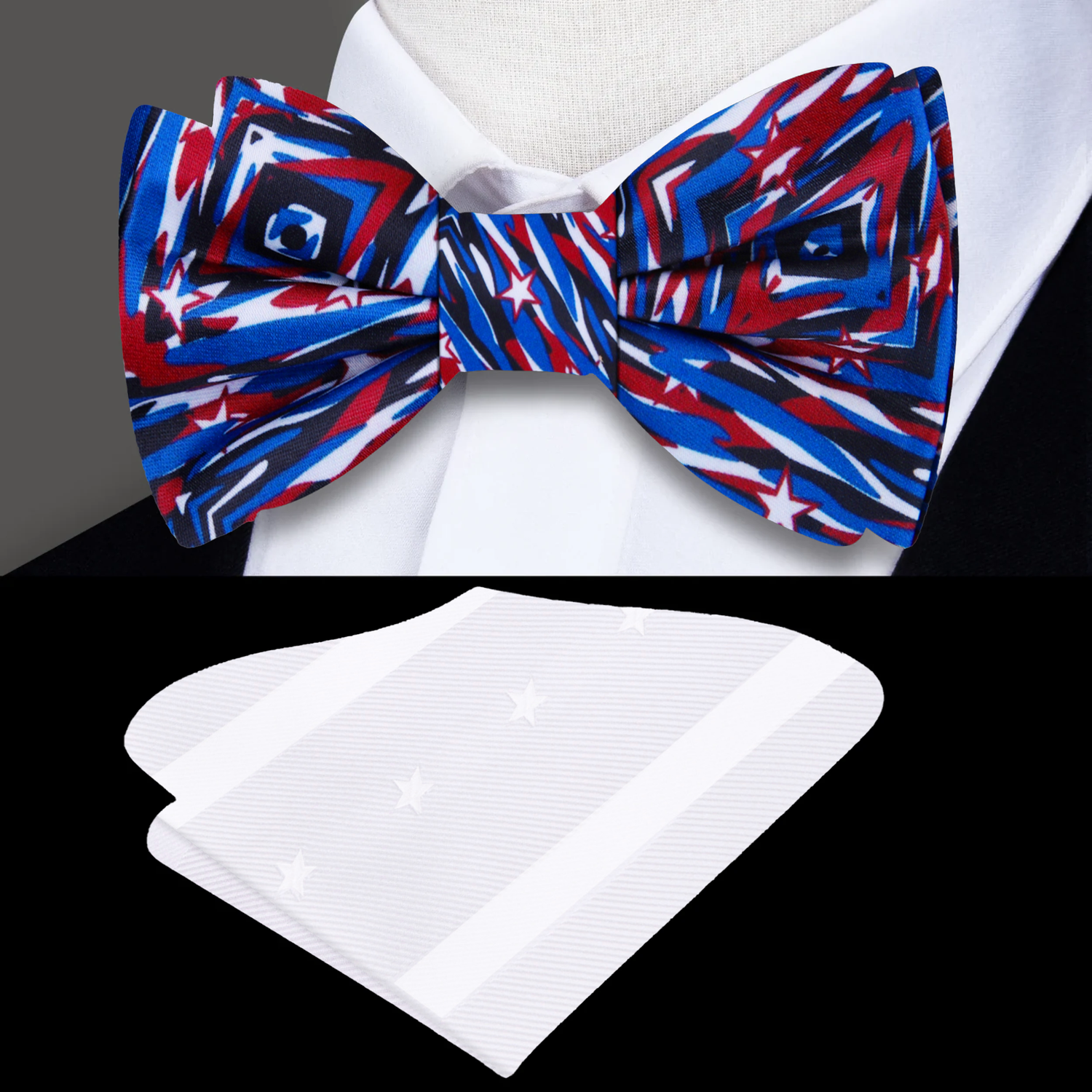 Blue, Red, Black White Abstract Shapes and Stars Bow Tie and Pocket Square 