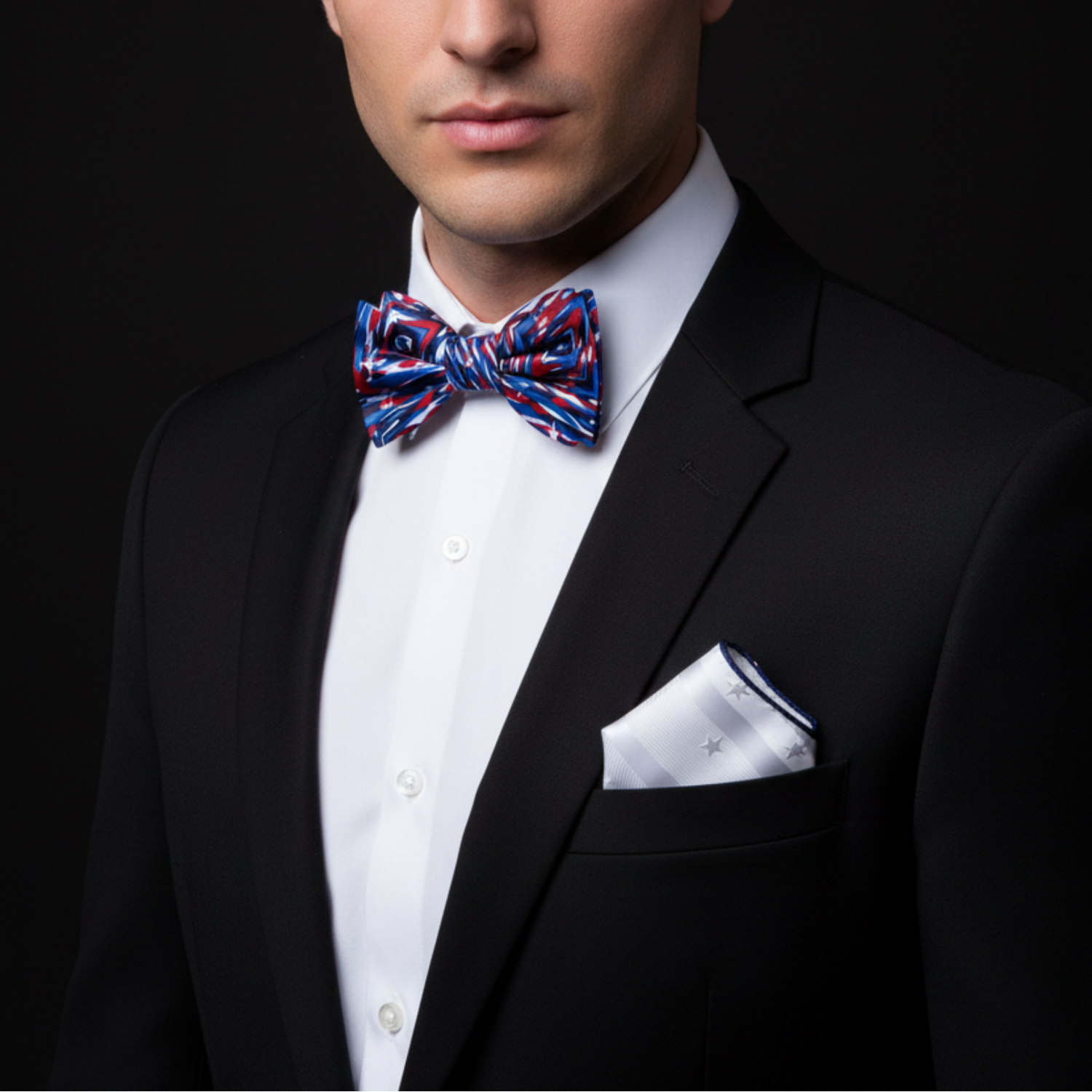 Man wearing a black suit with a white shirt and colorful bow tie on a dark background