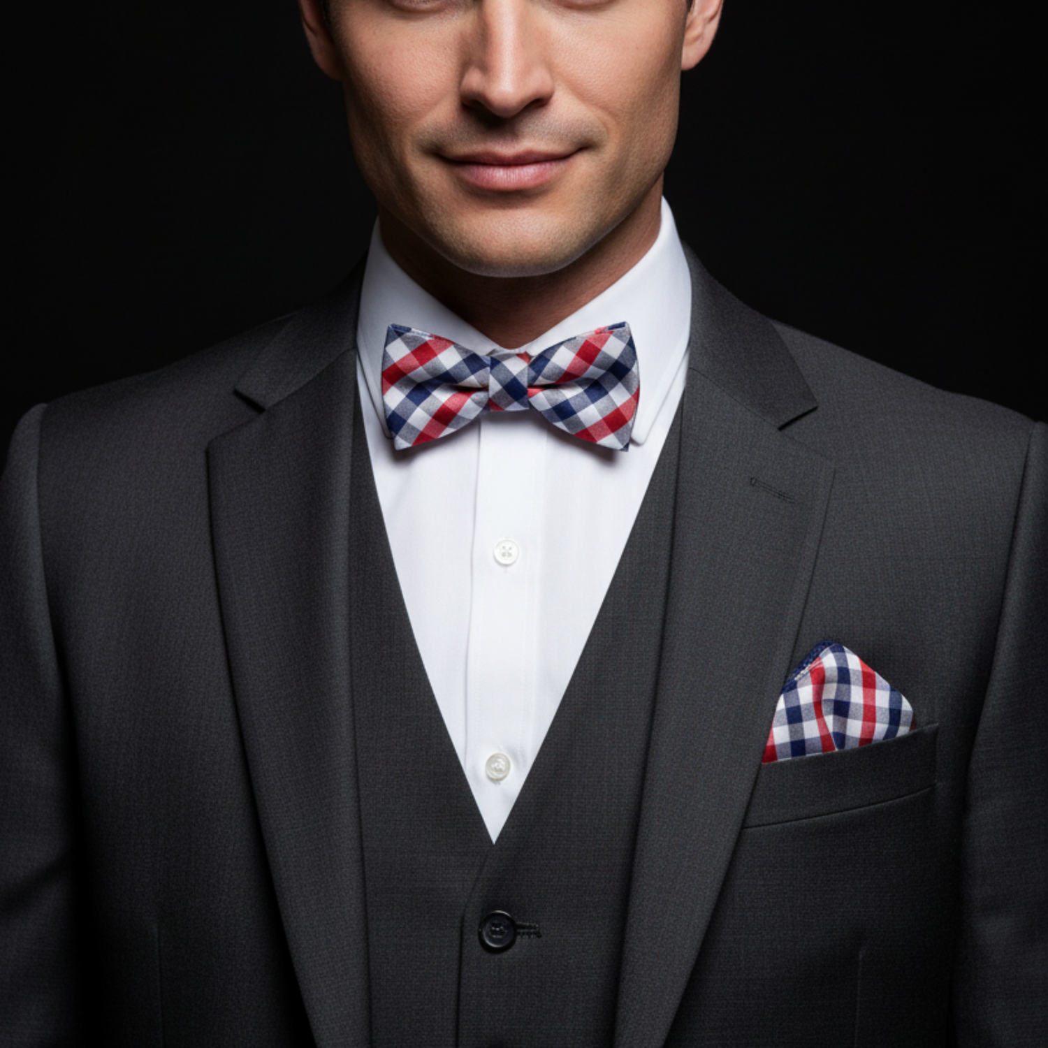 Man wearing a black suit with a red, white, and blue bow tie and pocket square against a dark background