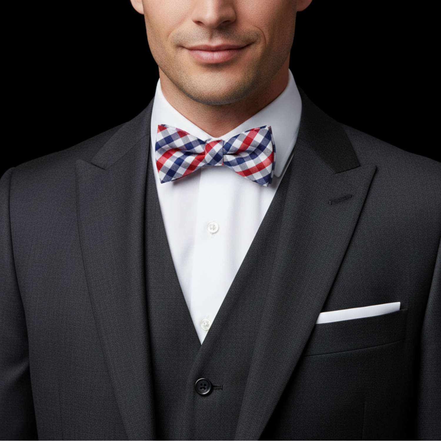 Man wearing a gray suit with a white shirt and red, blue, and white checkered bow tie on a black background