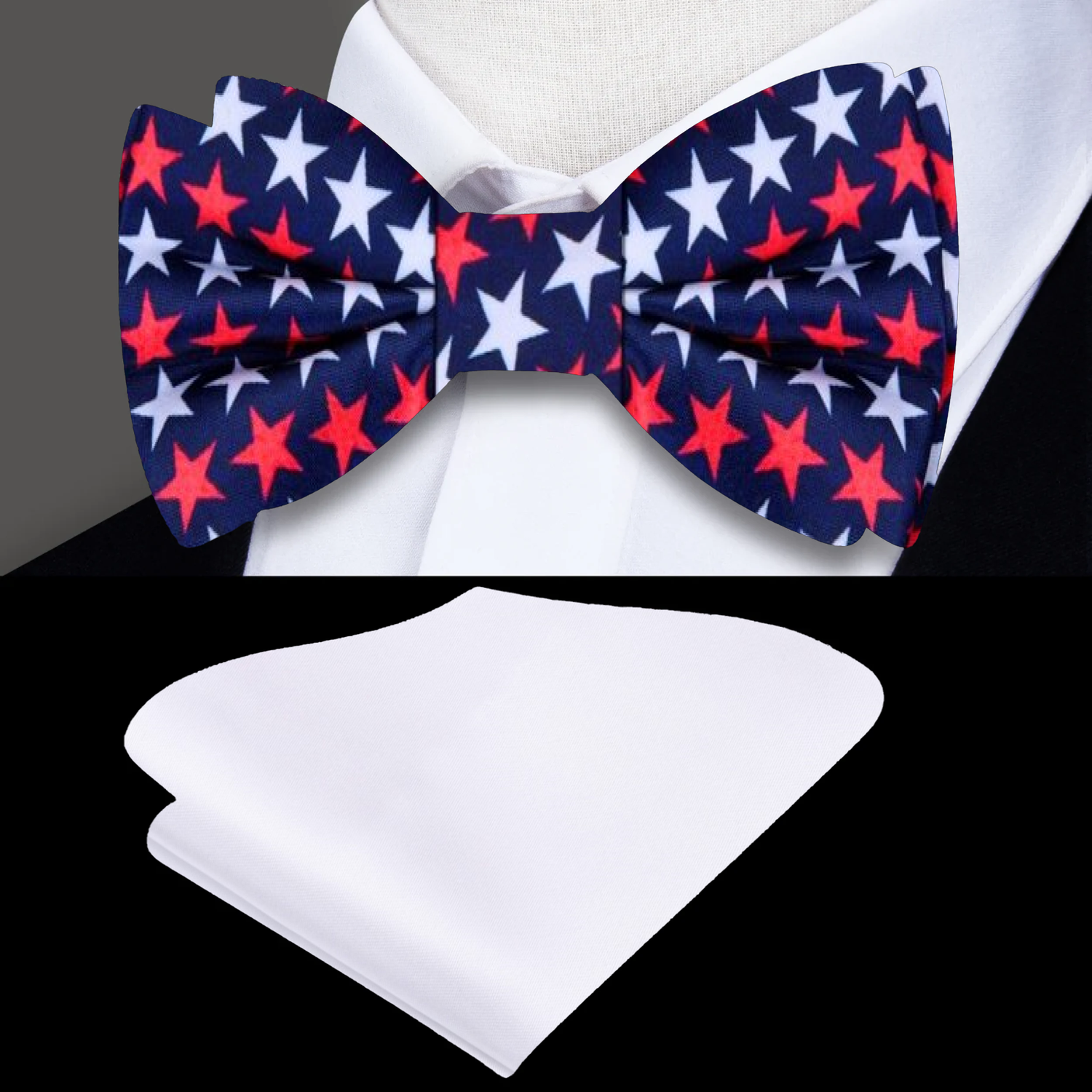 Blue, Red, Blue Patriotic Stars Bow Tie and White Pocket Square