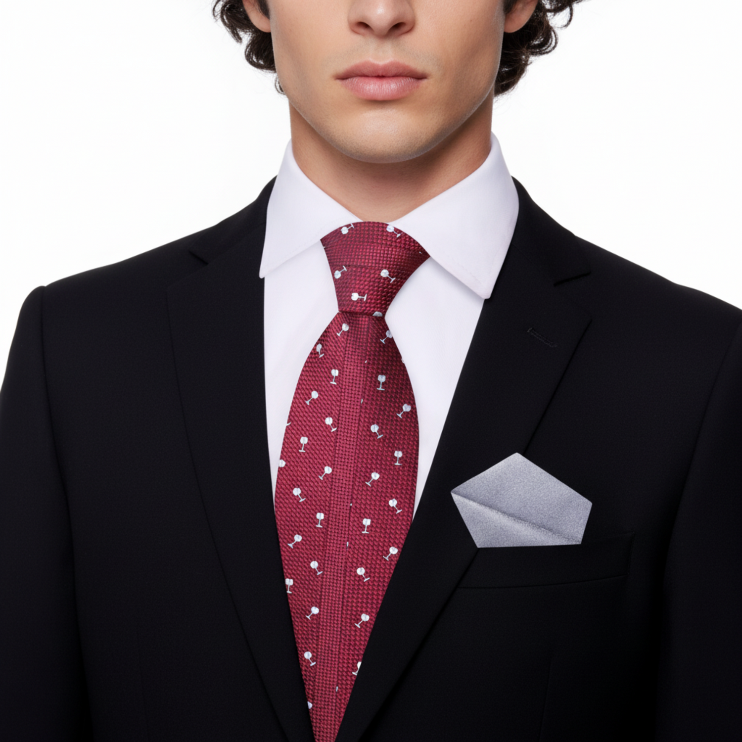 Deep Red & Light Silver Wine Glasses Necktie